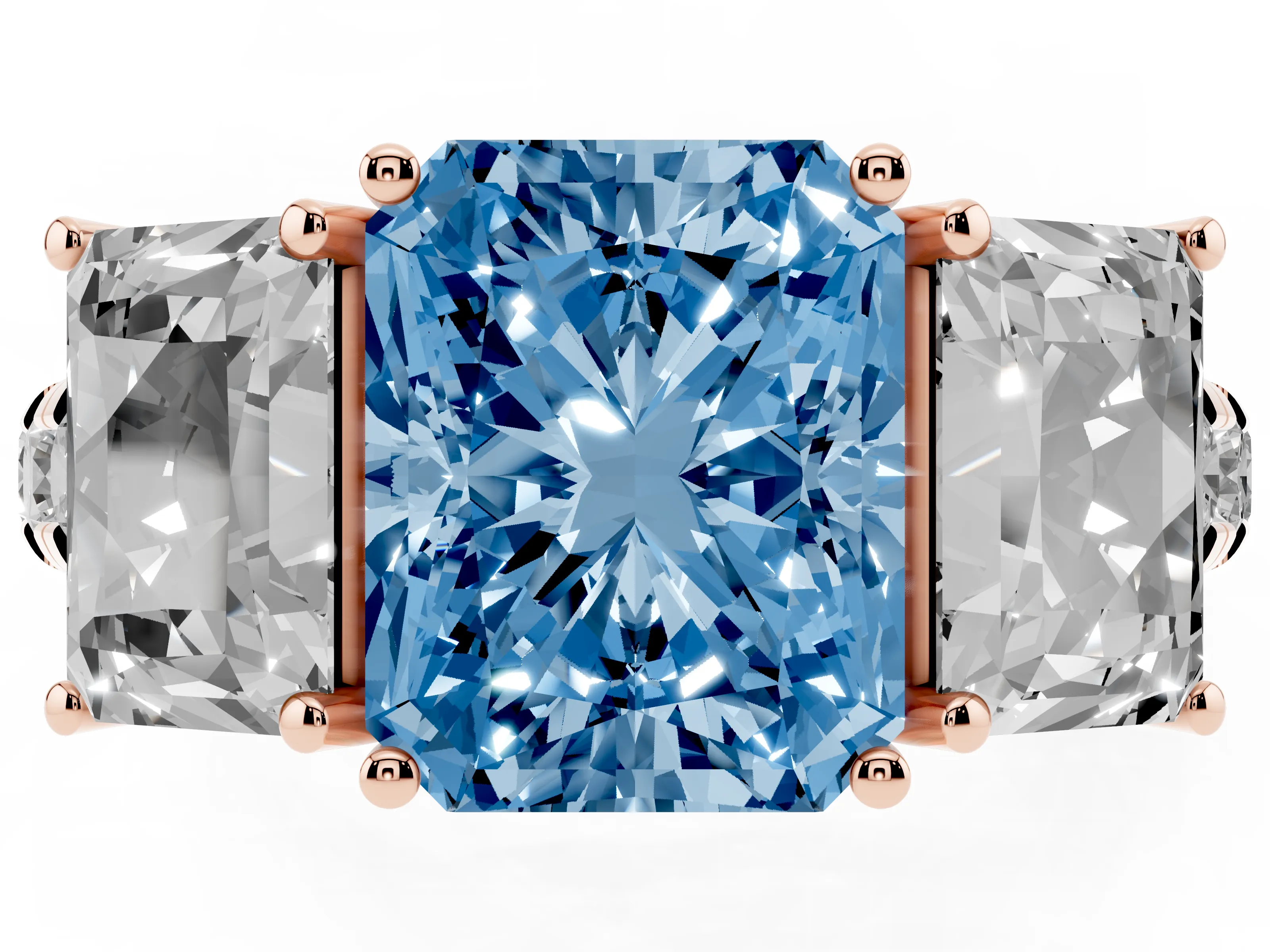 Fancy Blue Radiant Cut Diamond Three-Stone Ring Set in Rose gold with Pavé Band