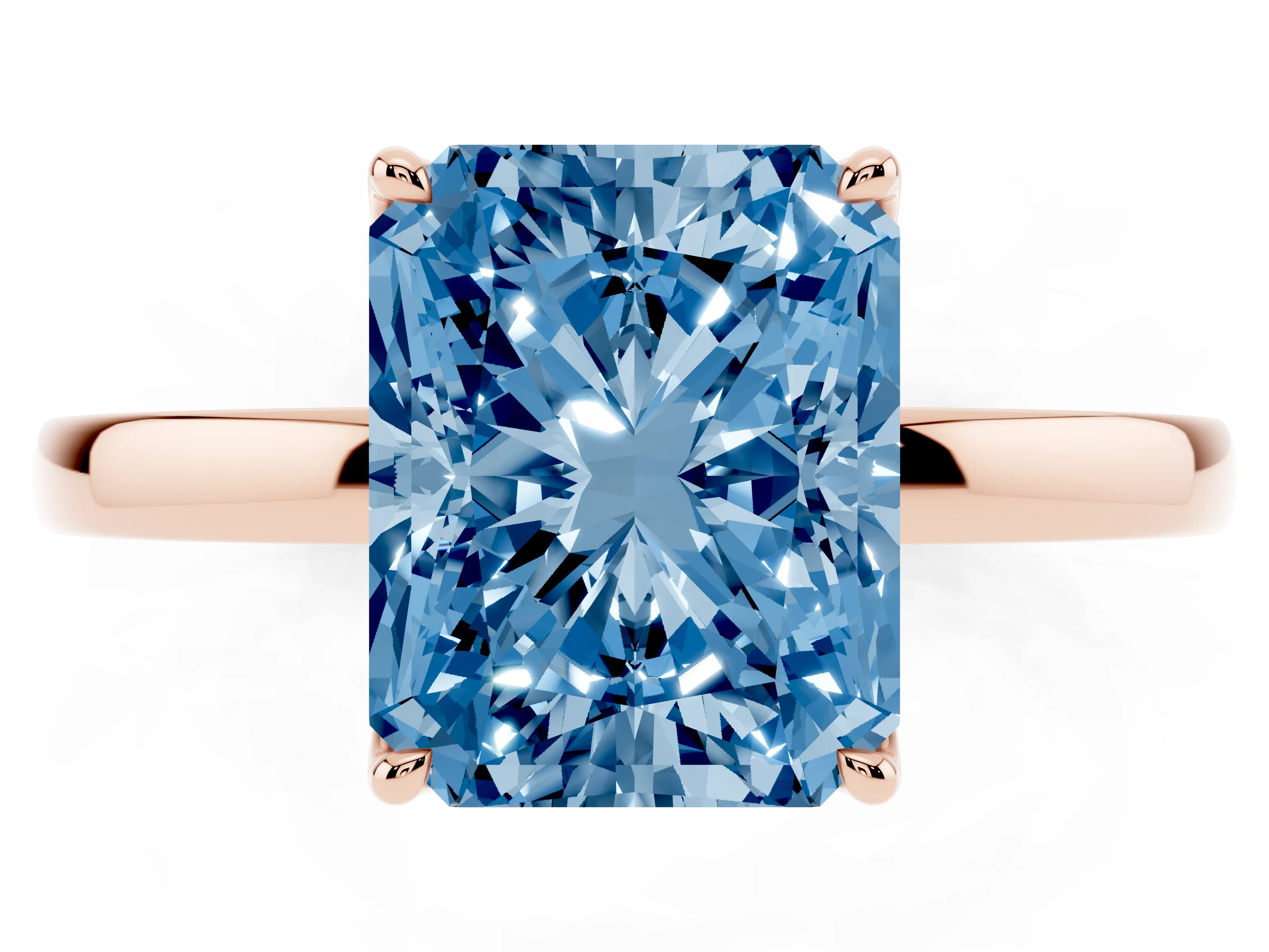Fancy Blue Radiant Cut Diamond Solitaire Ring Set in Rose gold with Prong Setting and Thin Polished Band