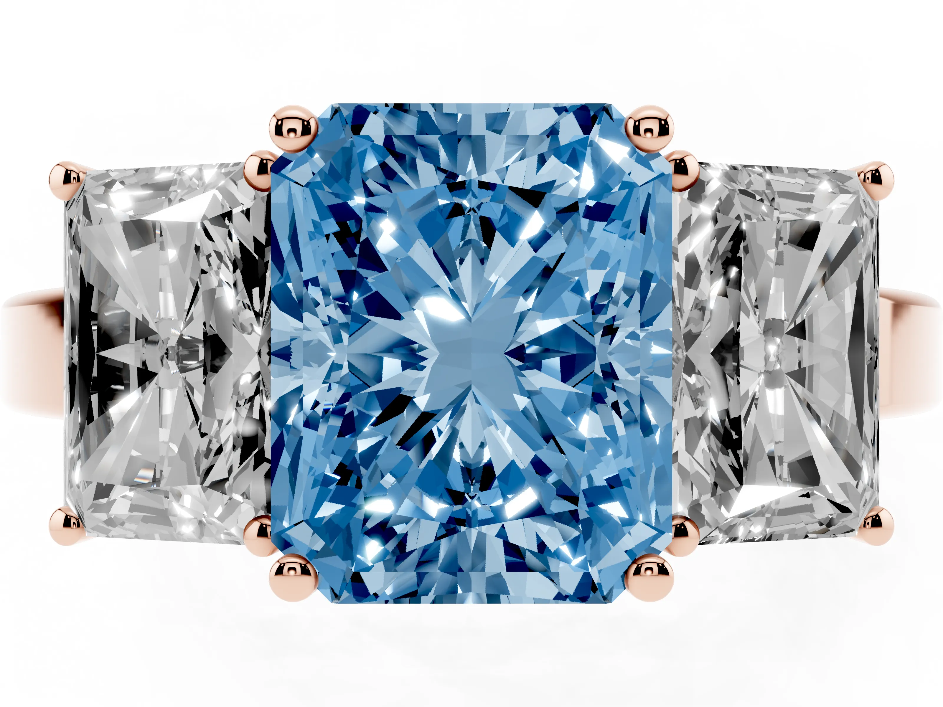 Fancy Blue Radiant Cut Diamond Three-Stone Engagement Ring Set in Rose gold with Flat Band
