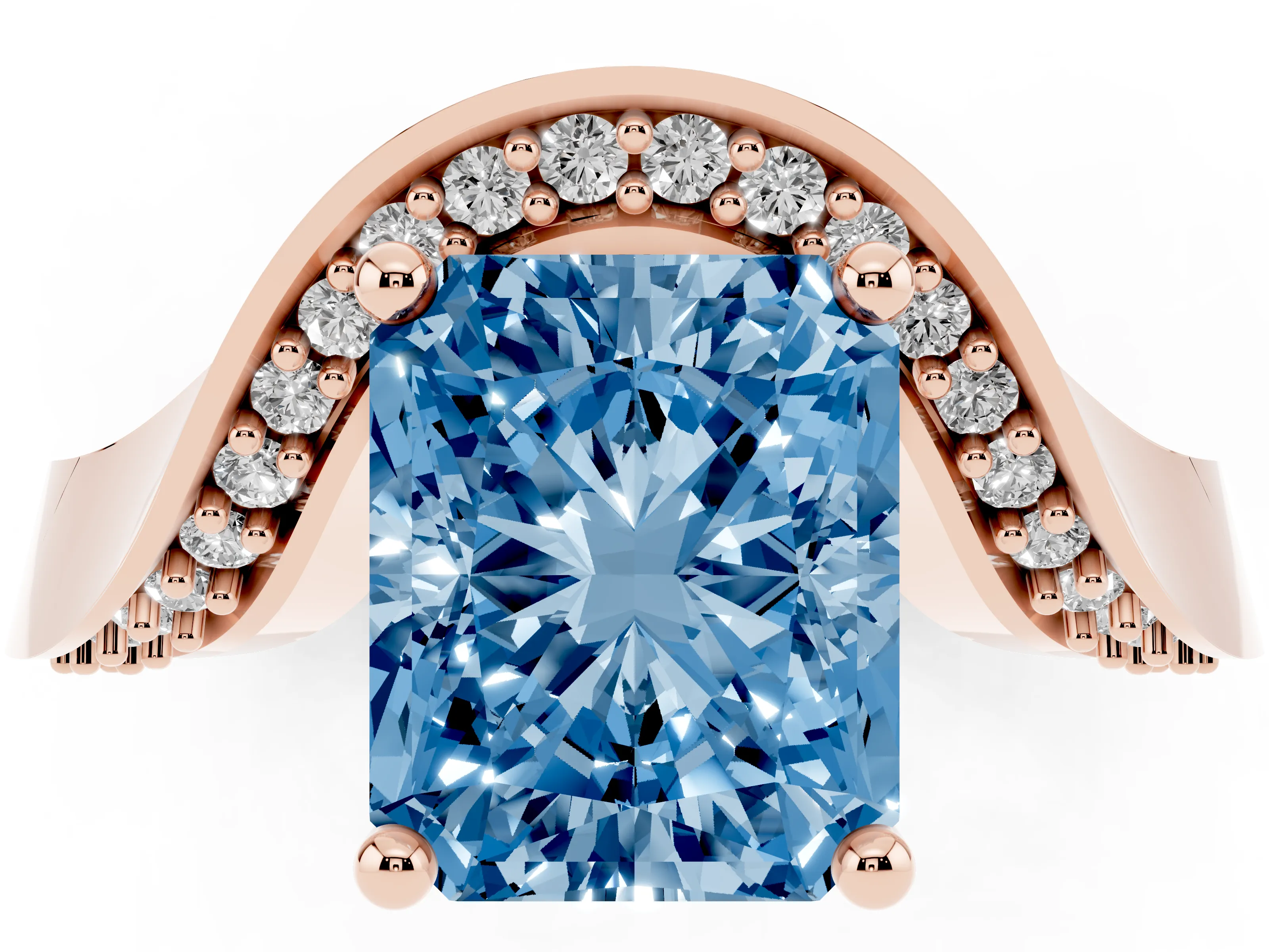 Fancy Blue Radiant Cut Diamond Solitaire Engagement Ring Set in Rose gold with Pavé Shoulders