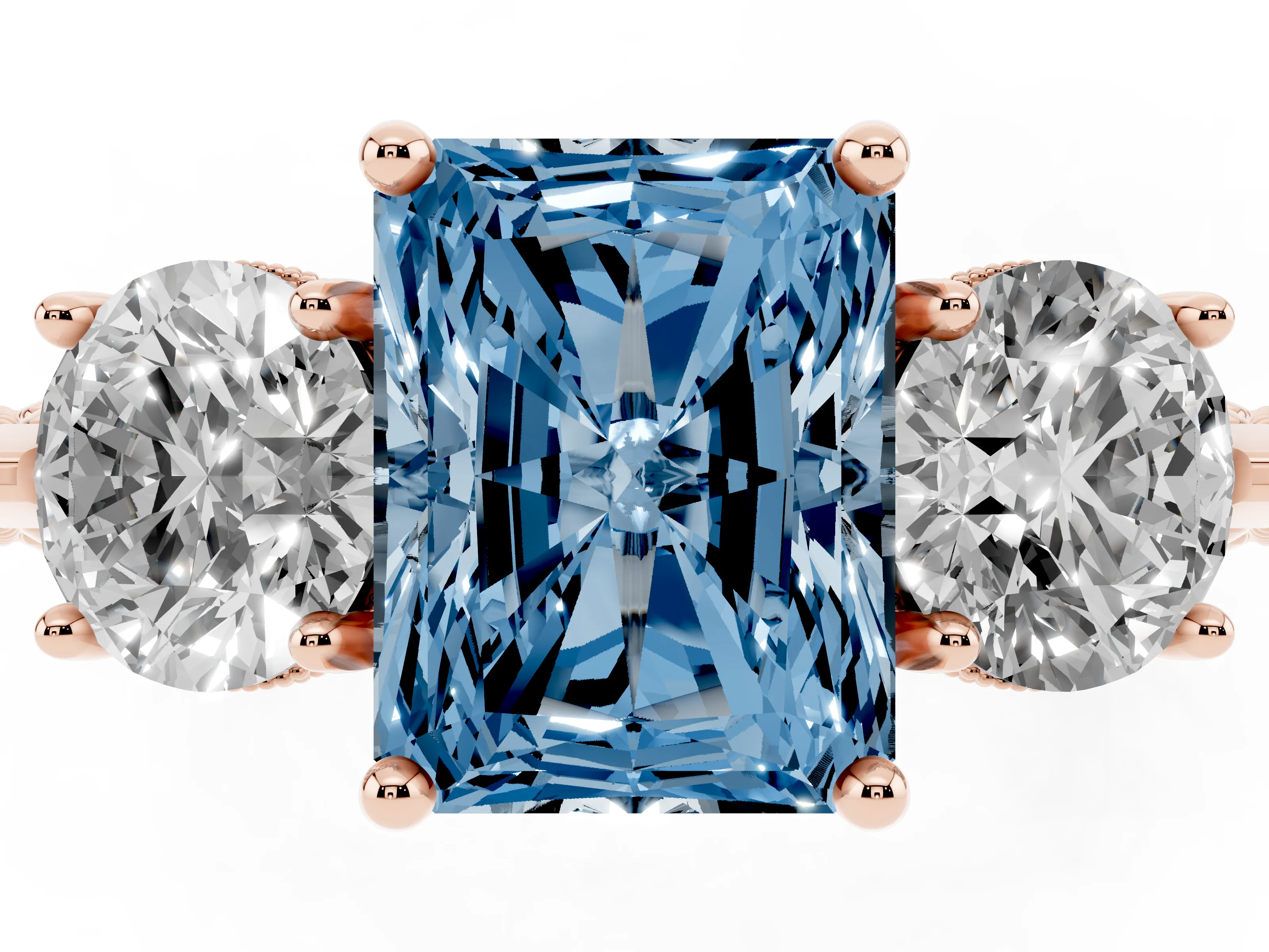 Fancy Blue Radiant Cut Diamond Three-Stone Ring Set in Rose gold with Milgrain Band