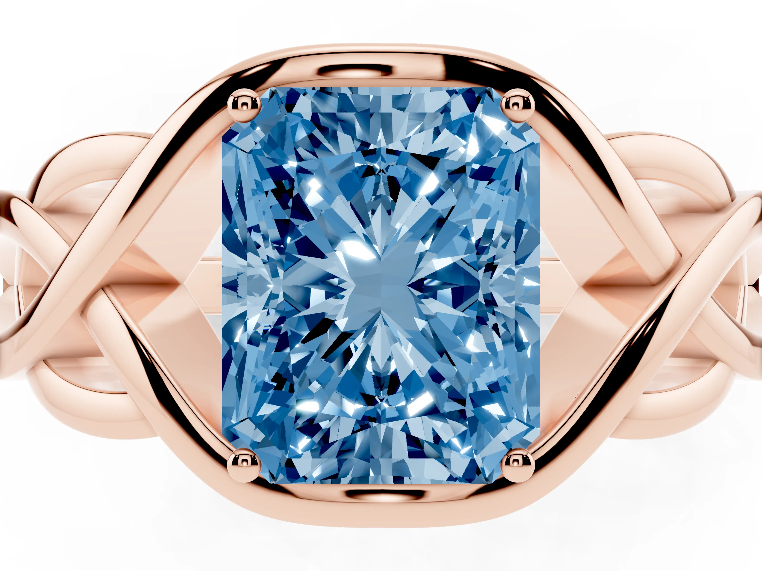 Fancy Blue Radiant Cut Diamond Solitaire Ring Set in Rose gold with Intertwined Band
