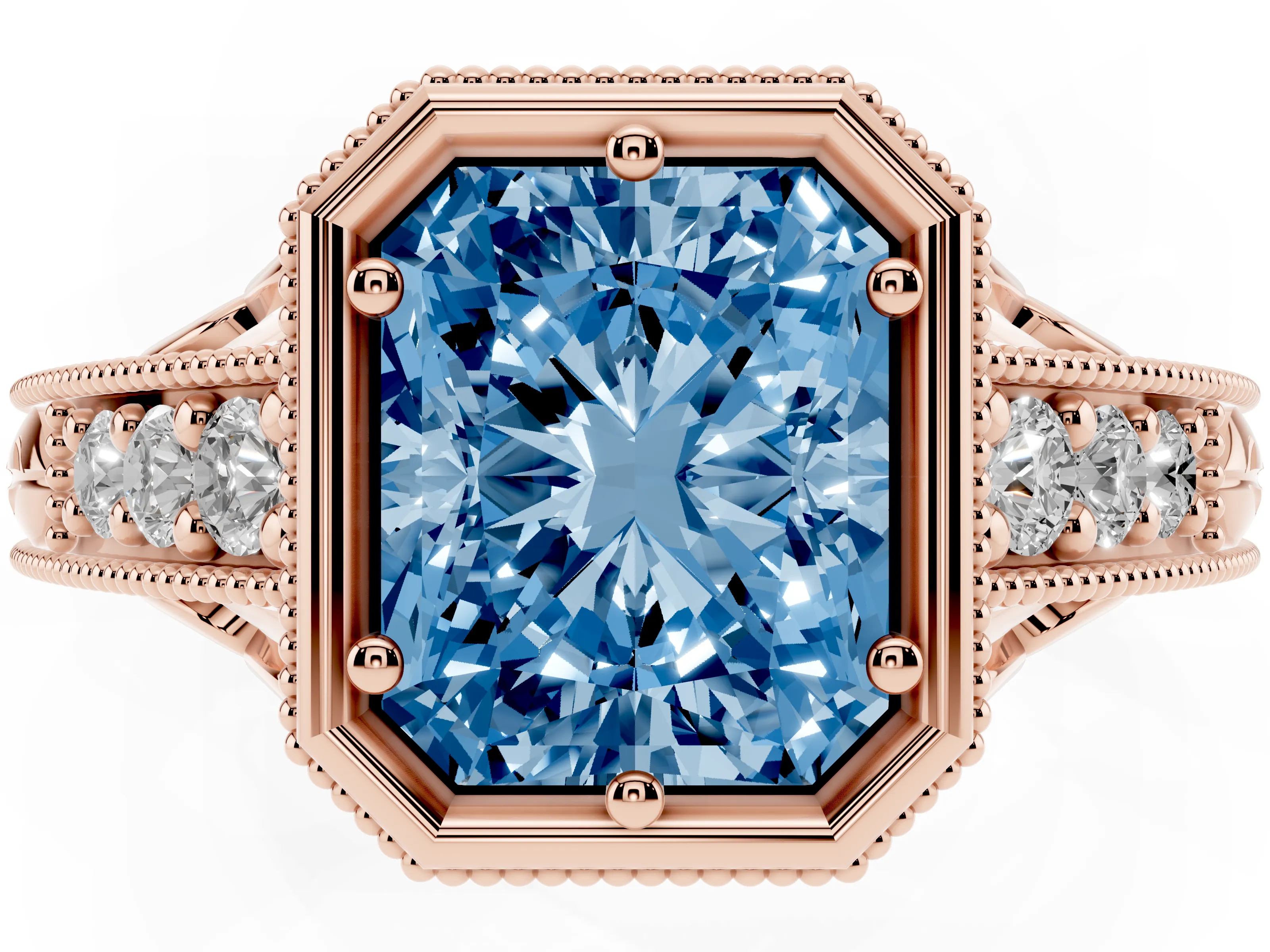 Fancy Blue Bezel Set Radiant Cut Diamond Milgrain Pavé Engagement Ring Set in Rose gold