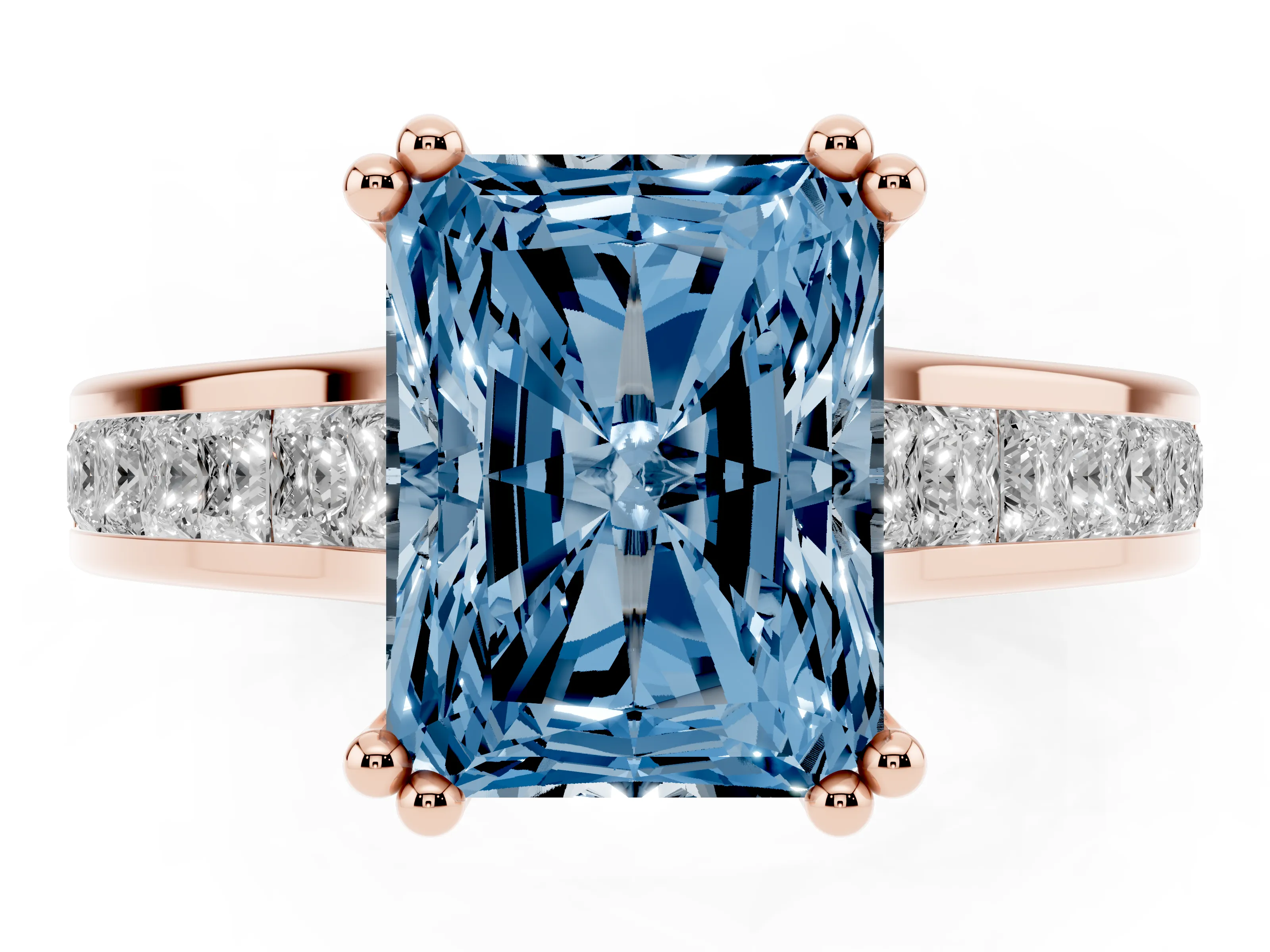 Fancy Blue Radiant Cut Diamond Channel Set Solitaire Engagement Ring Set in Rose gold with Prong Setting