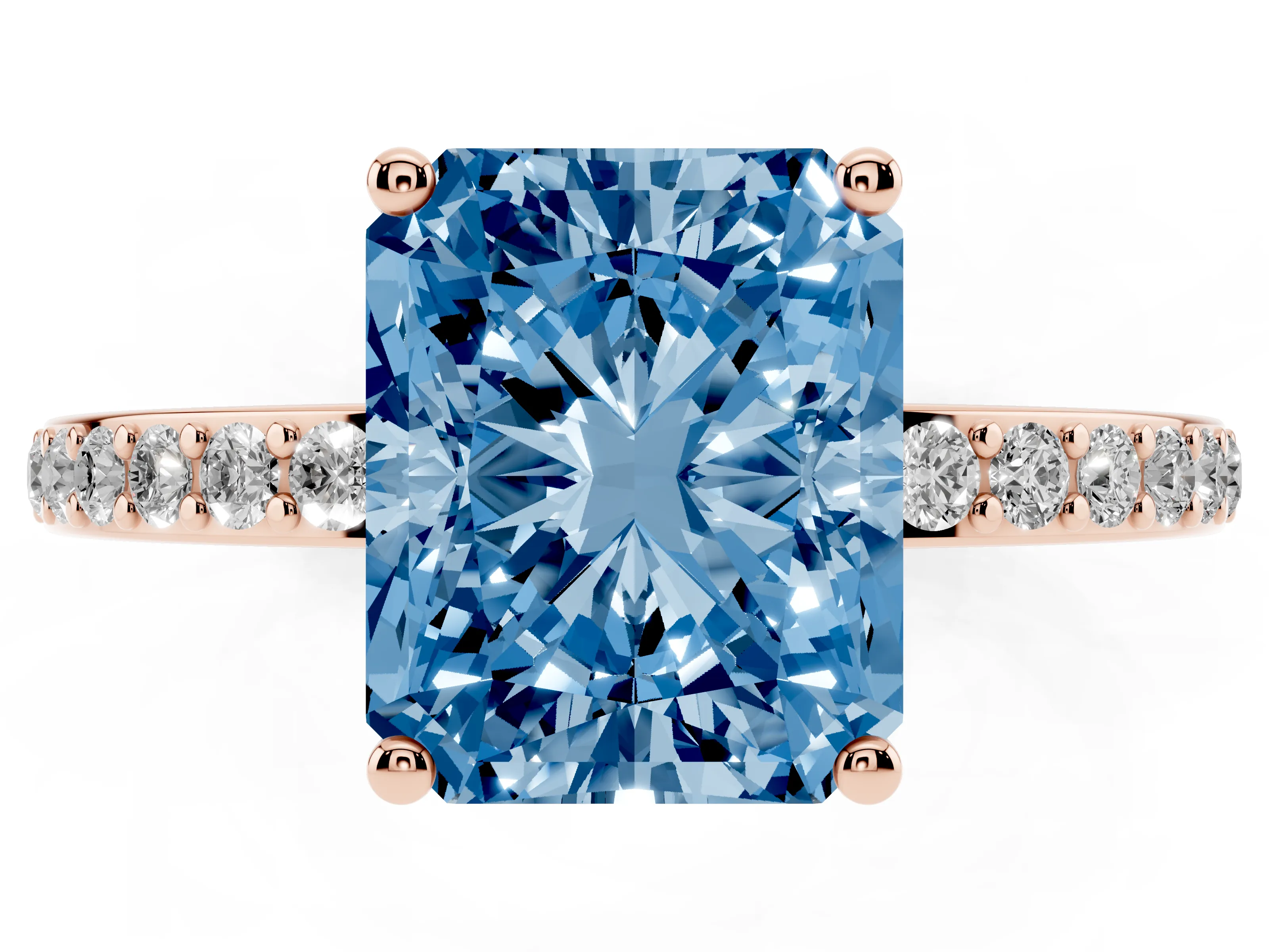 Fancy Blue Radiant Cut Diamond Pavé Band Ring Set in Rose gold with Prong-Set Center Stone