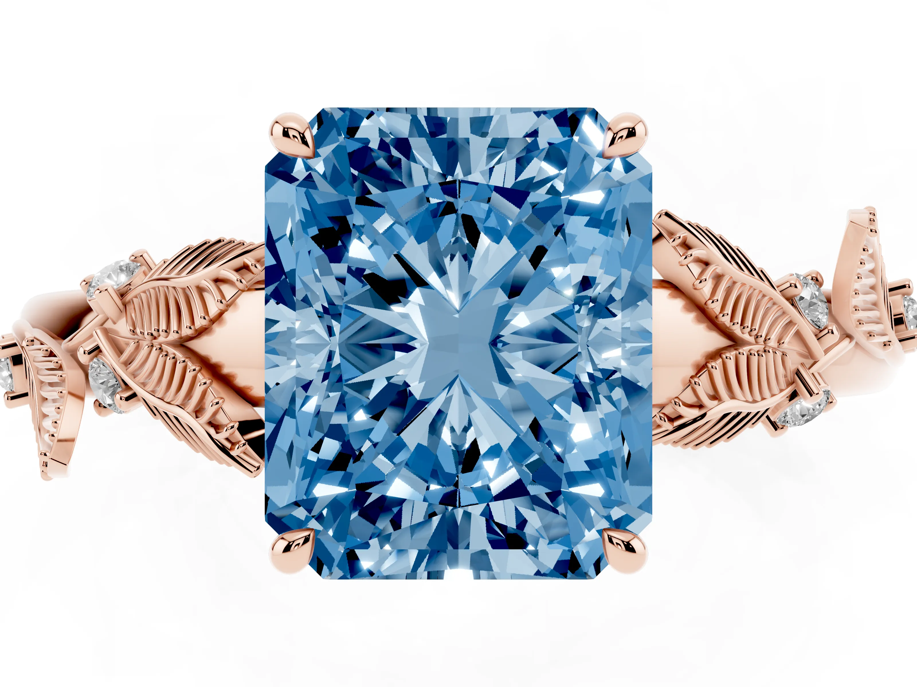 Fancy Blue Radiant Cut Diamond Solitaire Ring Set in Rose gold with Leaf Motif Band