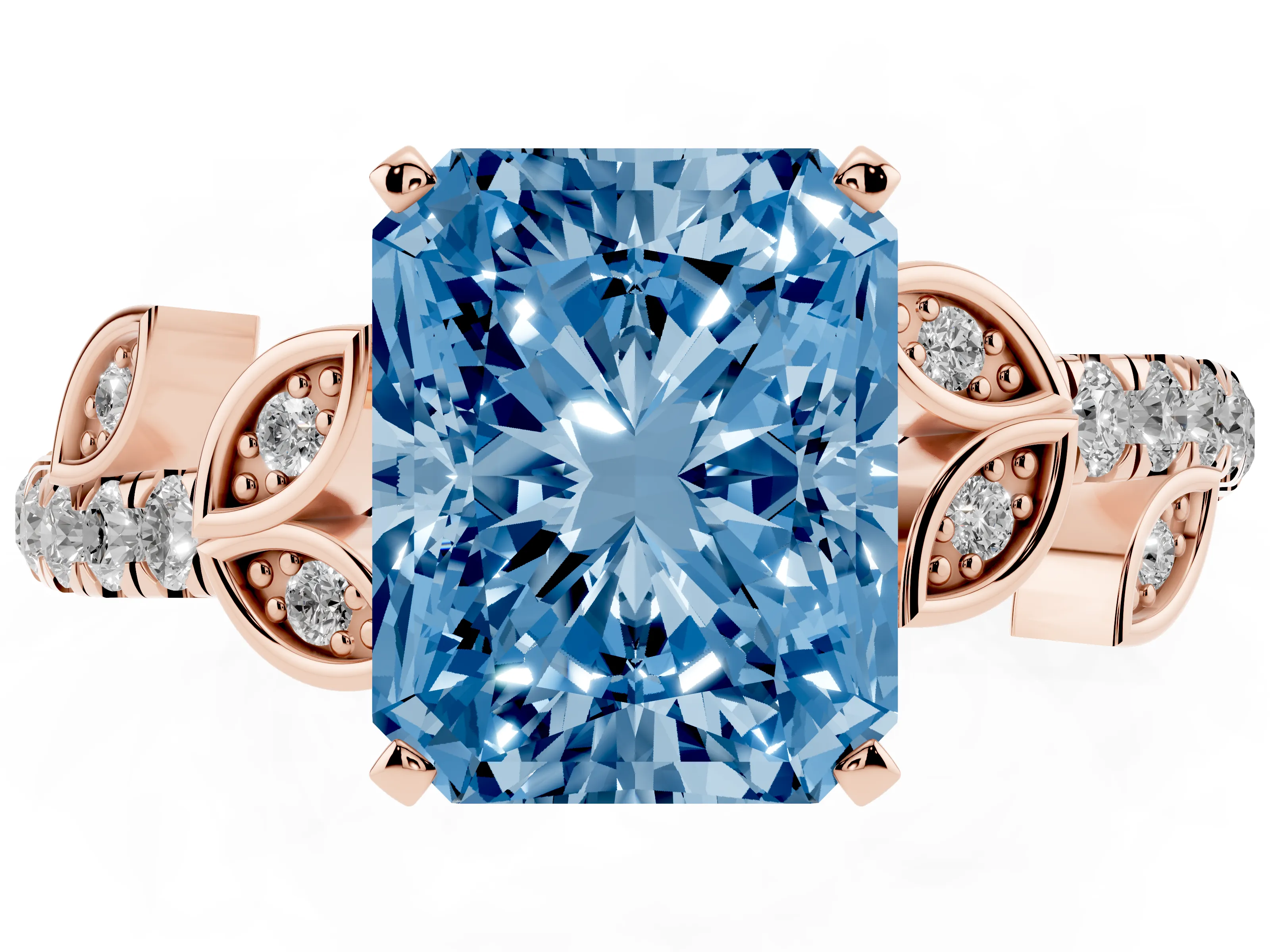 Fancy Blue Radiant Cut Diamond Solitaire Leaf-Inspired Ring Set in Rose gold with Pavé Band and Prong Setting