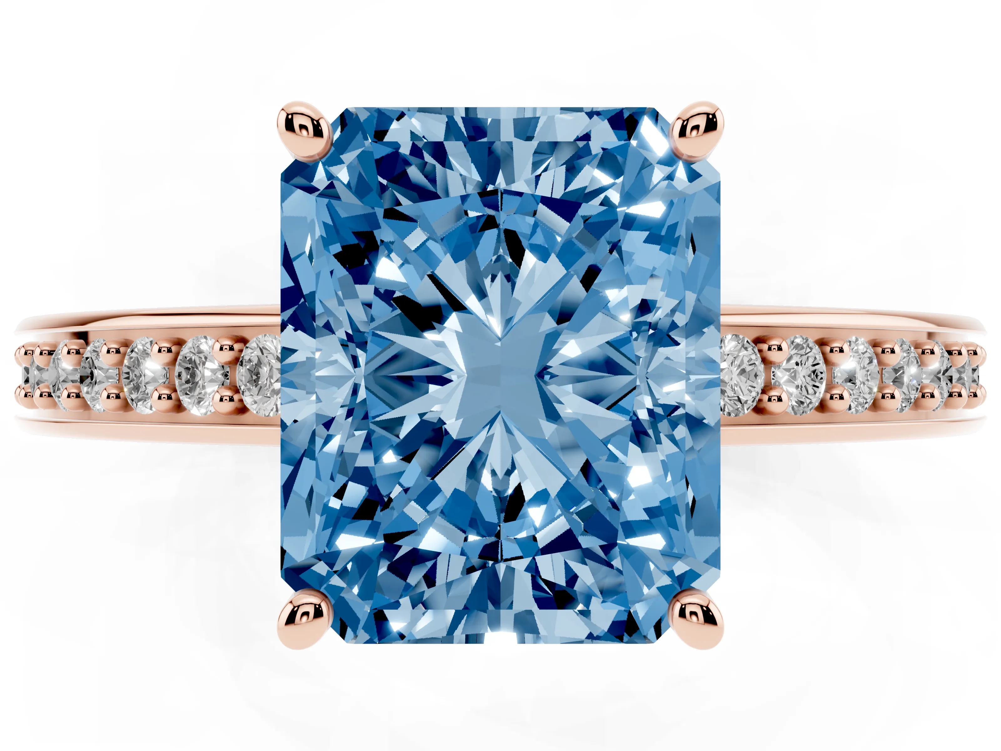 Fancy Blue Radiant Cut Diamond Pavé Band Prong Set Solitaire Ring Set in Rose gold