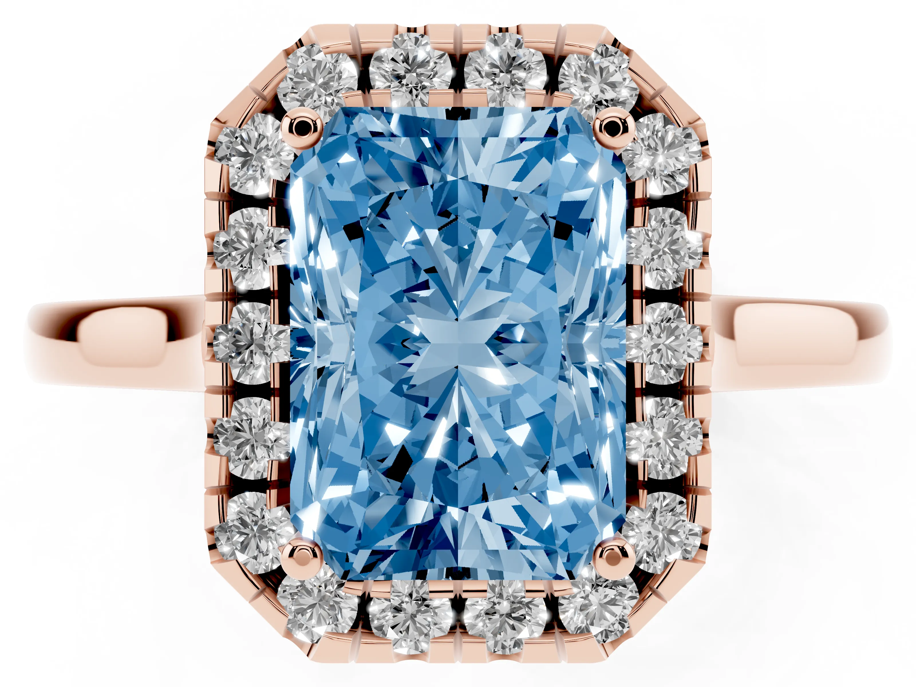 Fancy Blue Radiant Cut Halo Round Diamond Solitaire Ring Set in Rose gold with Pavé Band and Prong Setting