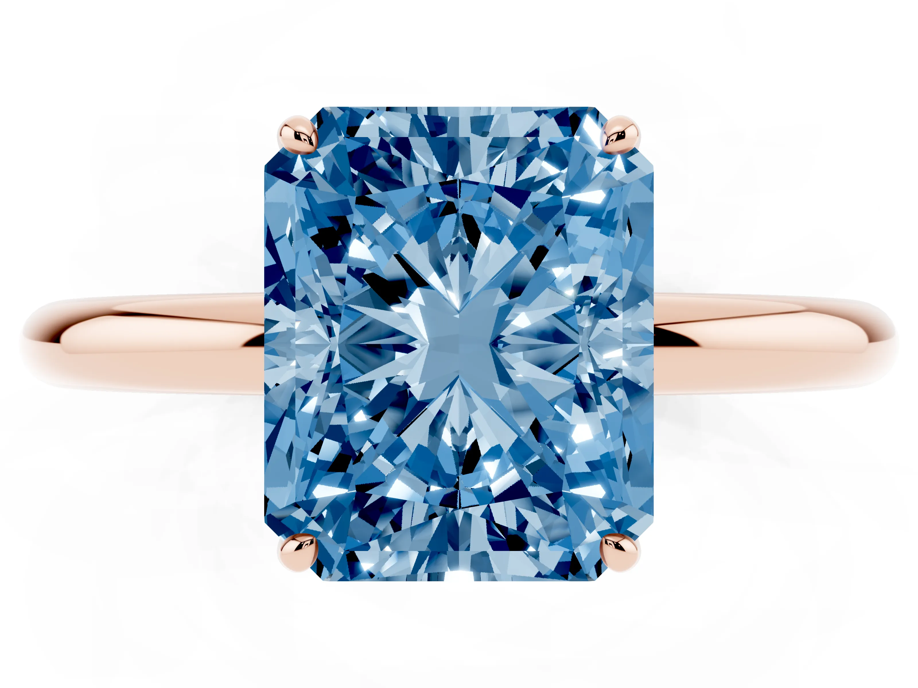 Fancy Blue Radiant Cut Diamond Solitaire Ring Set in Rose gold with Prong Setting on a Polished Plain Band