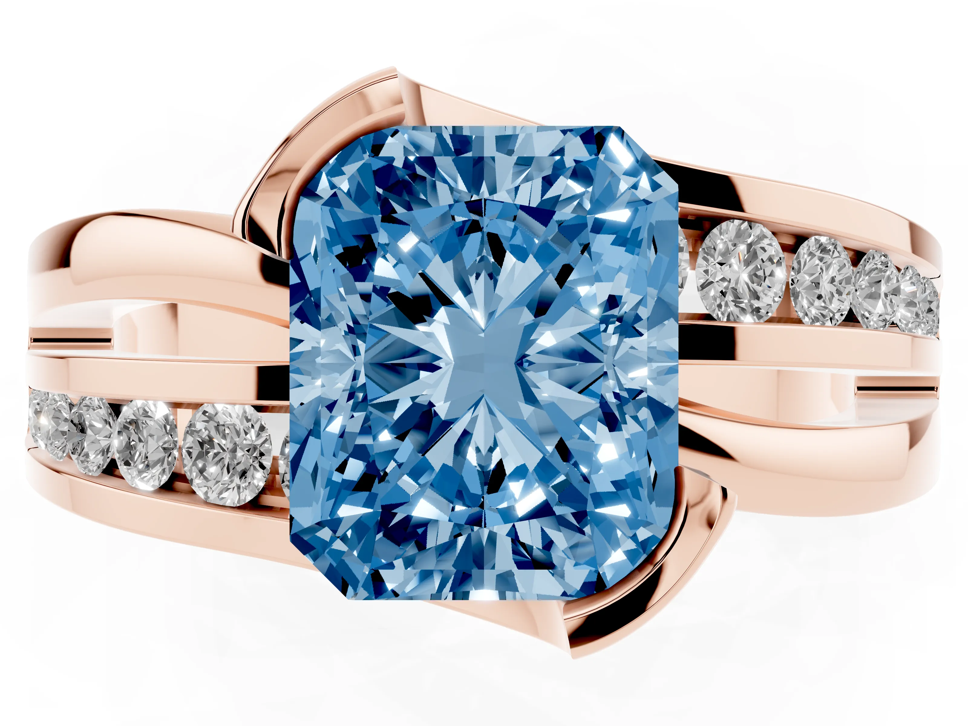 Fancy Blue Radiant Cut Diamond Solitaire Ring Set in Rose gold with Channel Set Split Shank and Tension Prongs