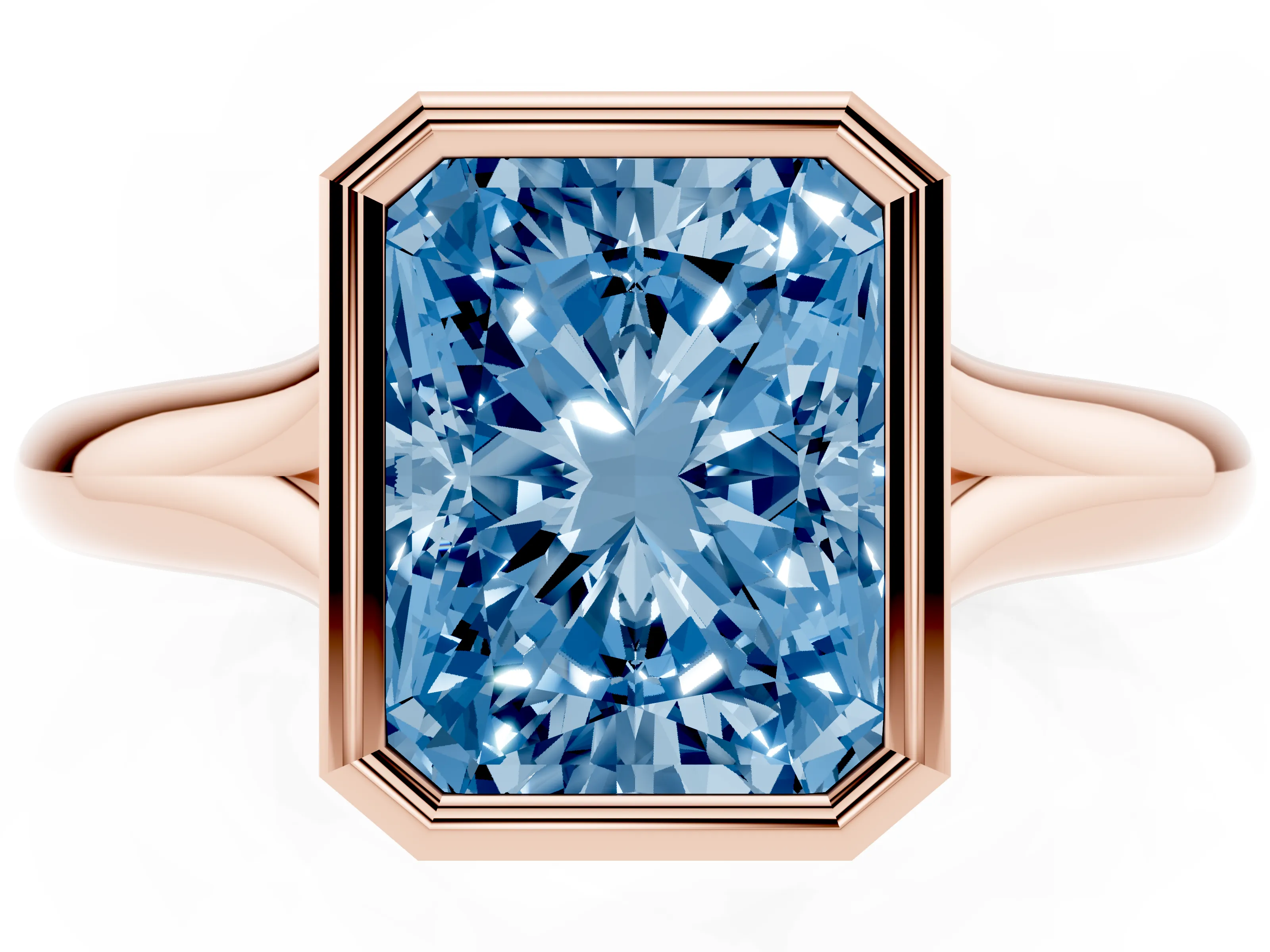 Fancy Blue Bezel Set Radiant Cut Diamond Solitaire Ring Set in Rose gold with Smooth Band