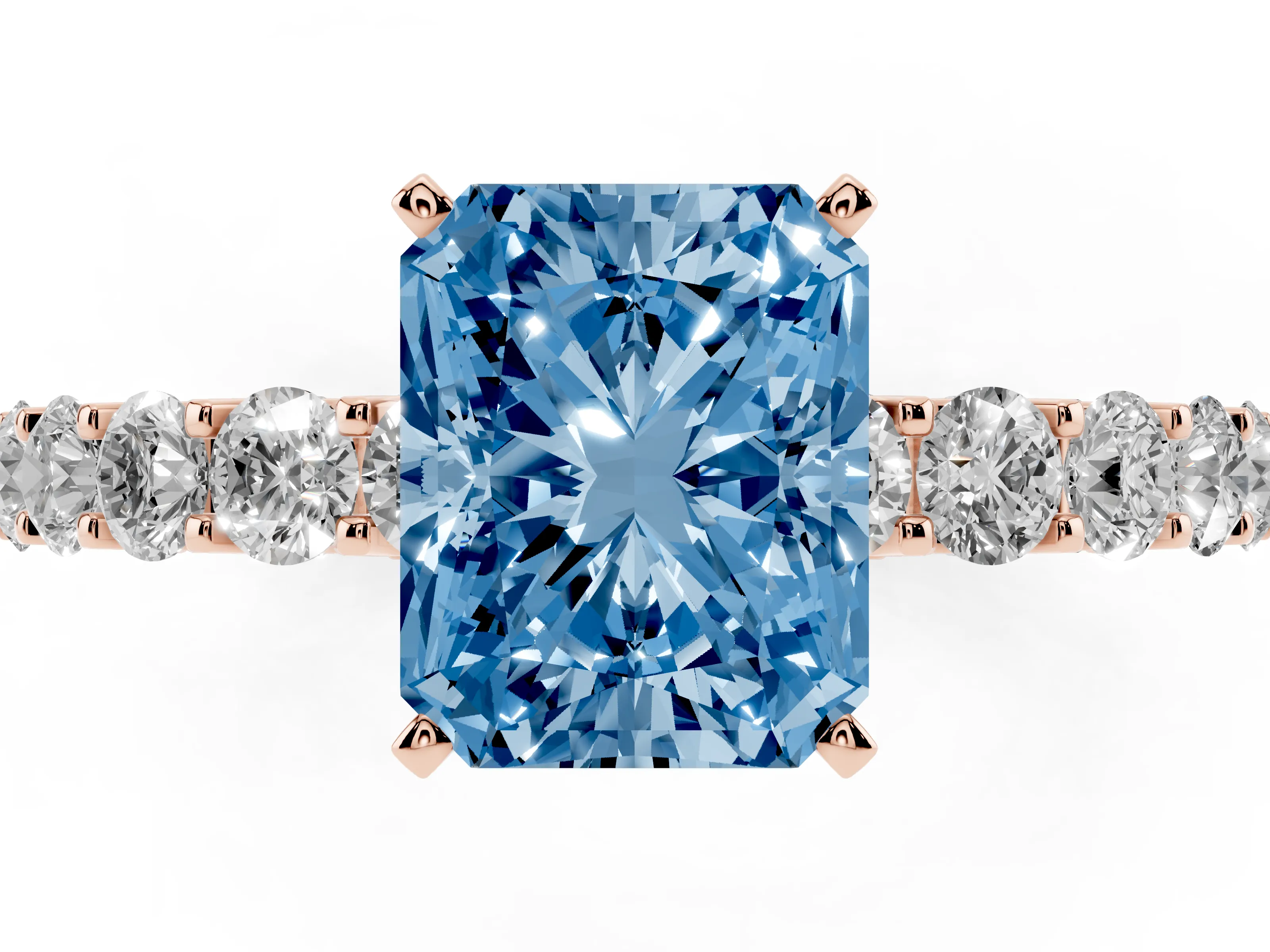 Fancy Blue Radiant Cut Diamond Solitaire Ring Set in Rose gold with Shared Prong Pavé Band