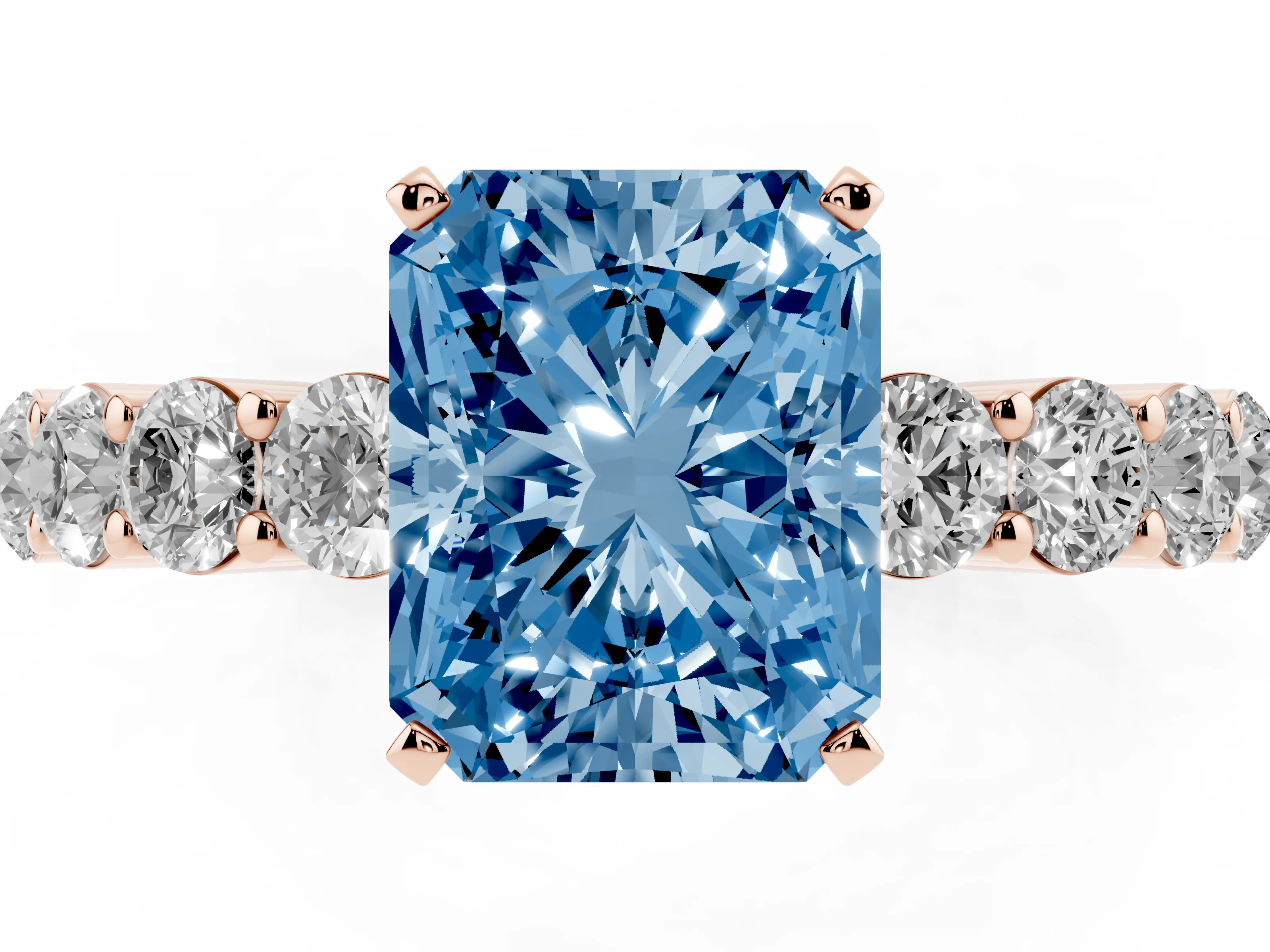 Fancy Blue Radiant Cut Diamond Solitaire Ring Set in Rose gold with Shared Prong Round Side Stones