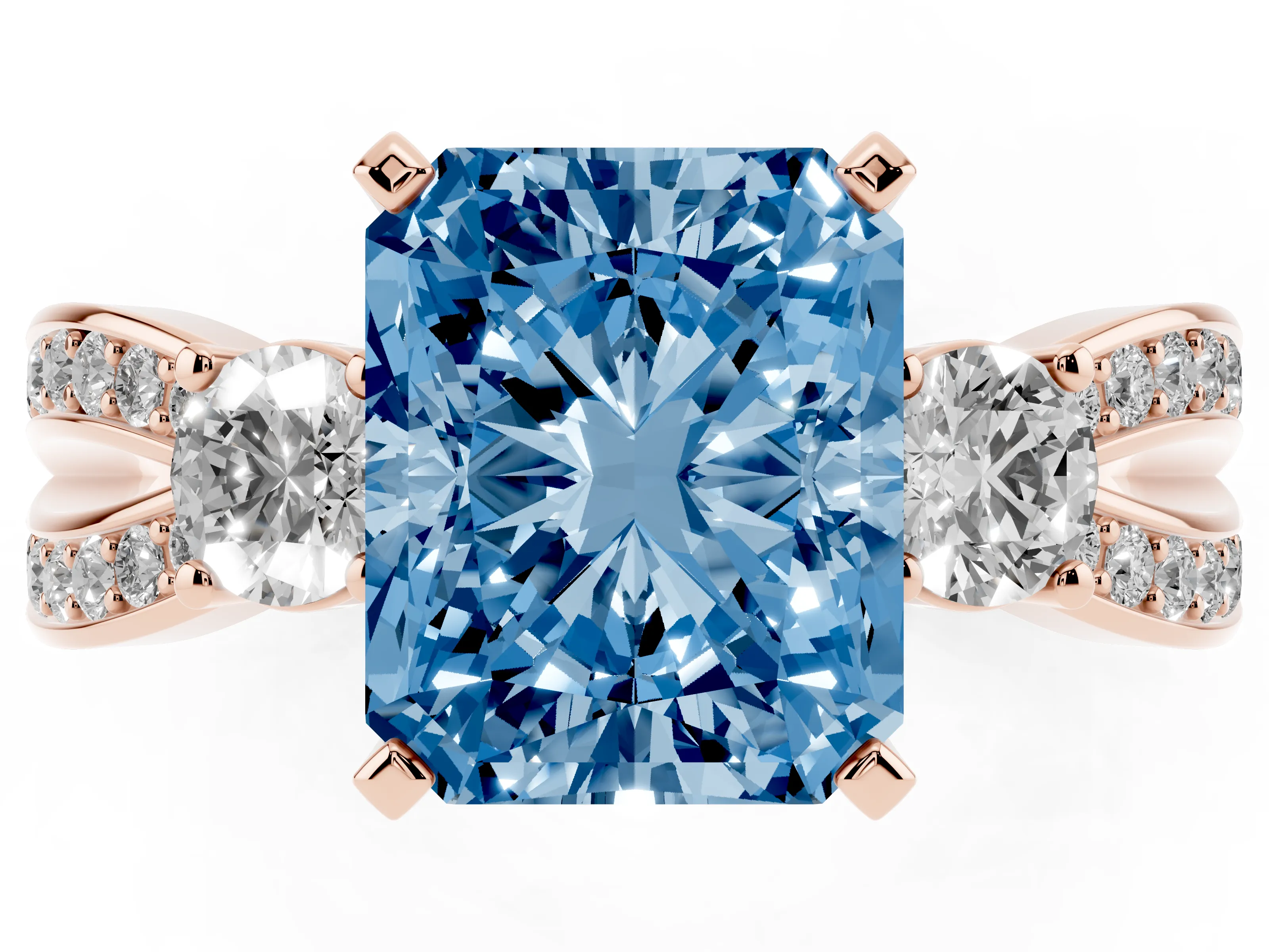 Fancy Blue Three-Stone Radiant Cut Diamond Twist Band Ring Set in Rose gold with Pavé Accents and Prong Setting