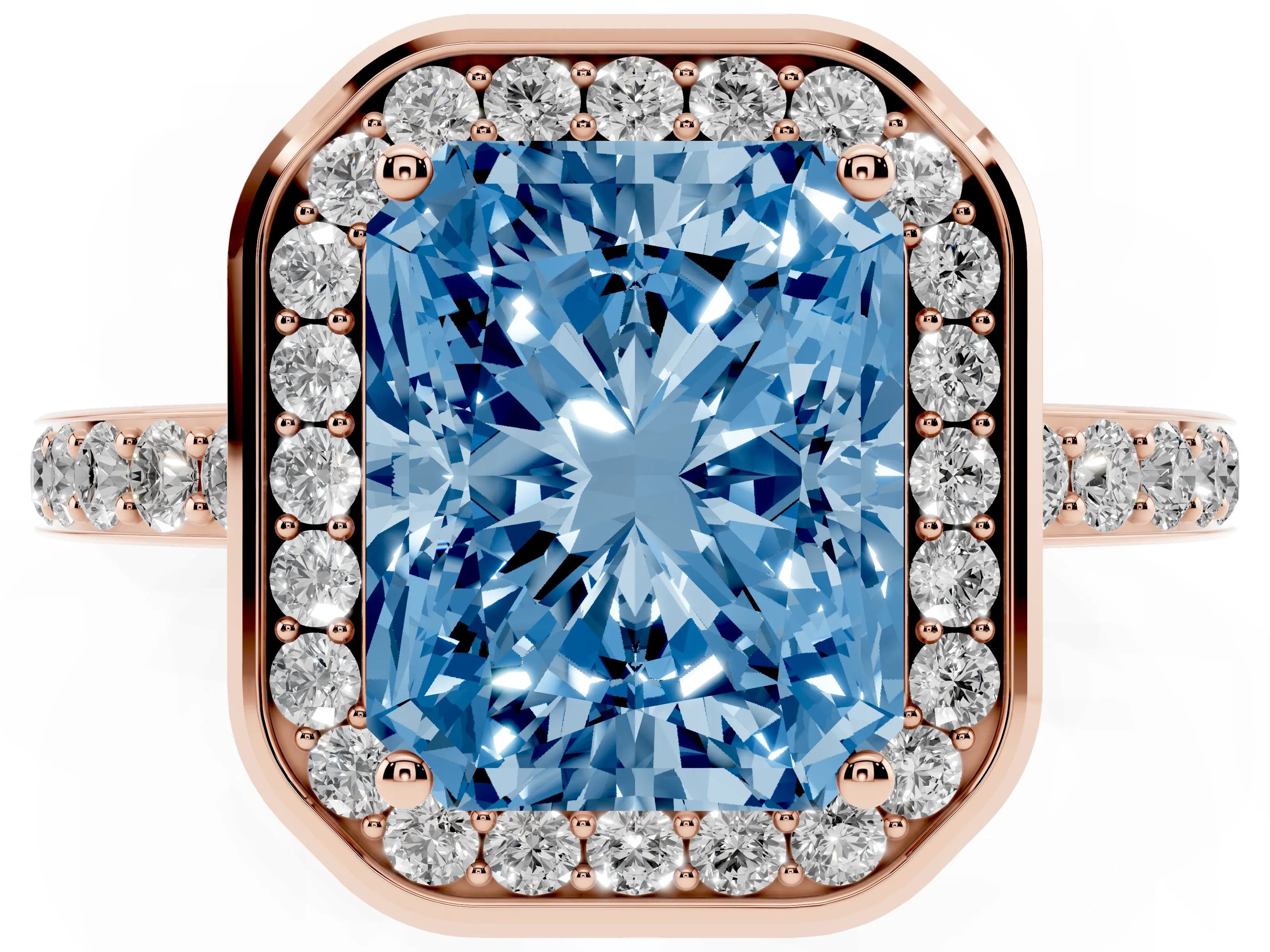 Fancy Blue Radiant Cut Diamond Halo Ring Set in Rose gold with Bezel Frame and Pavé Band