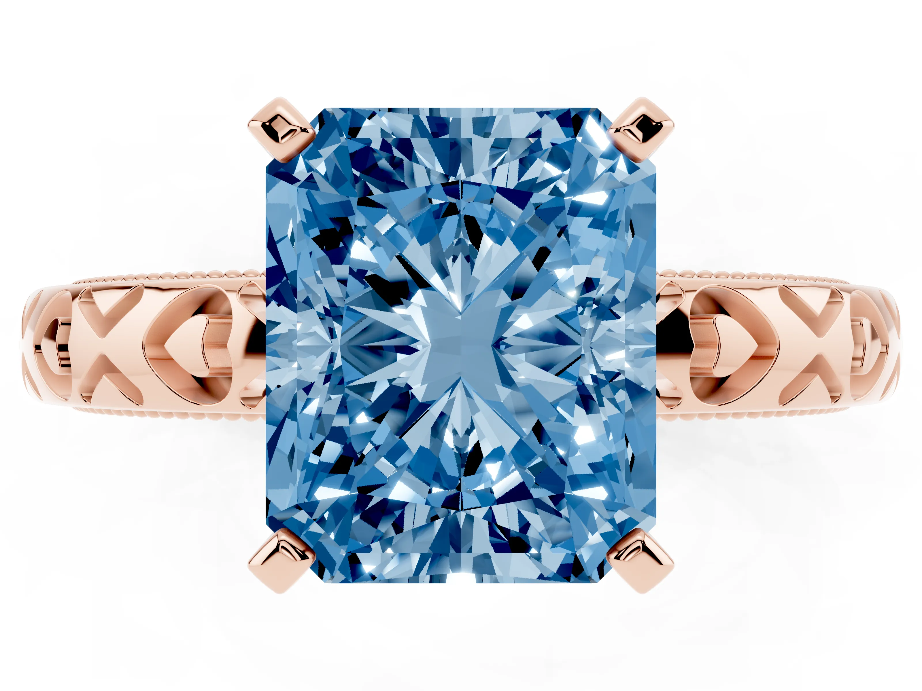 Fancy Blue Radiant Cut Diamond Solitaire Engagement Ring Set in Rose gold with XO Engraved Band and Prong Setting