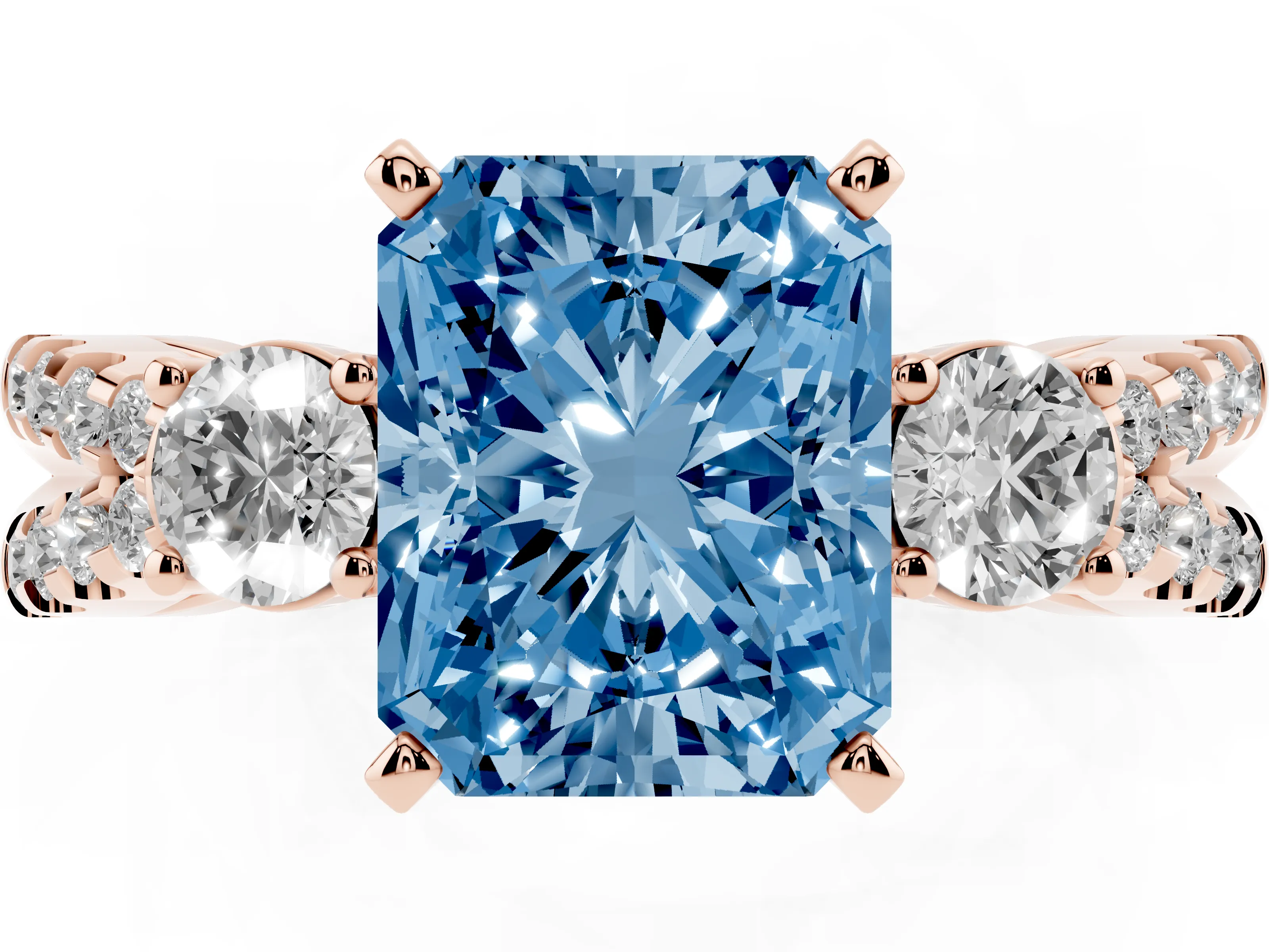 Fancy Blue Radiant Cut Diamond Three-Stone Ring Set in Rose gold with Pavé Split Shank and Prong Setting