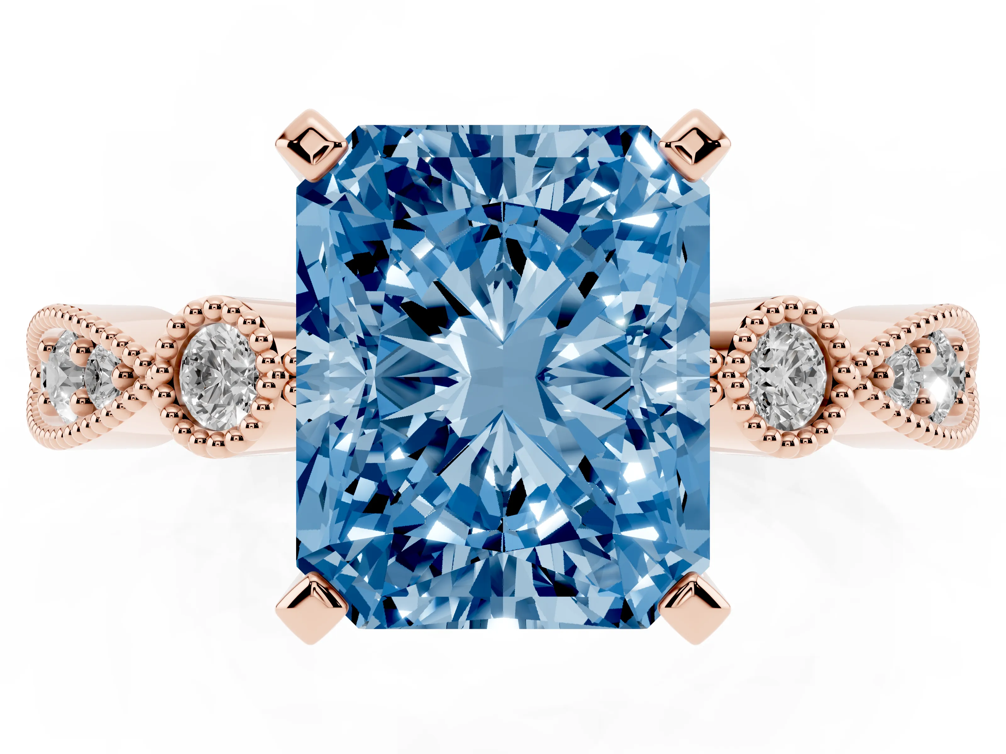 Fancy Blue Radiant Cut Diamond Solitaire Engagement Ring Set in Rose gold with Milgrain Bezel Accent Band