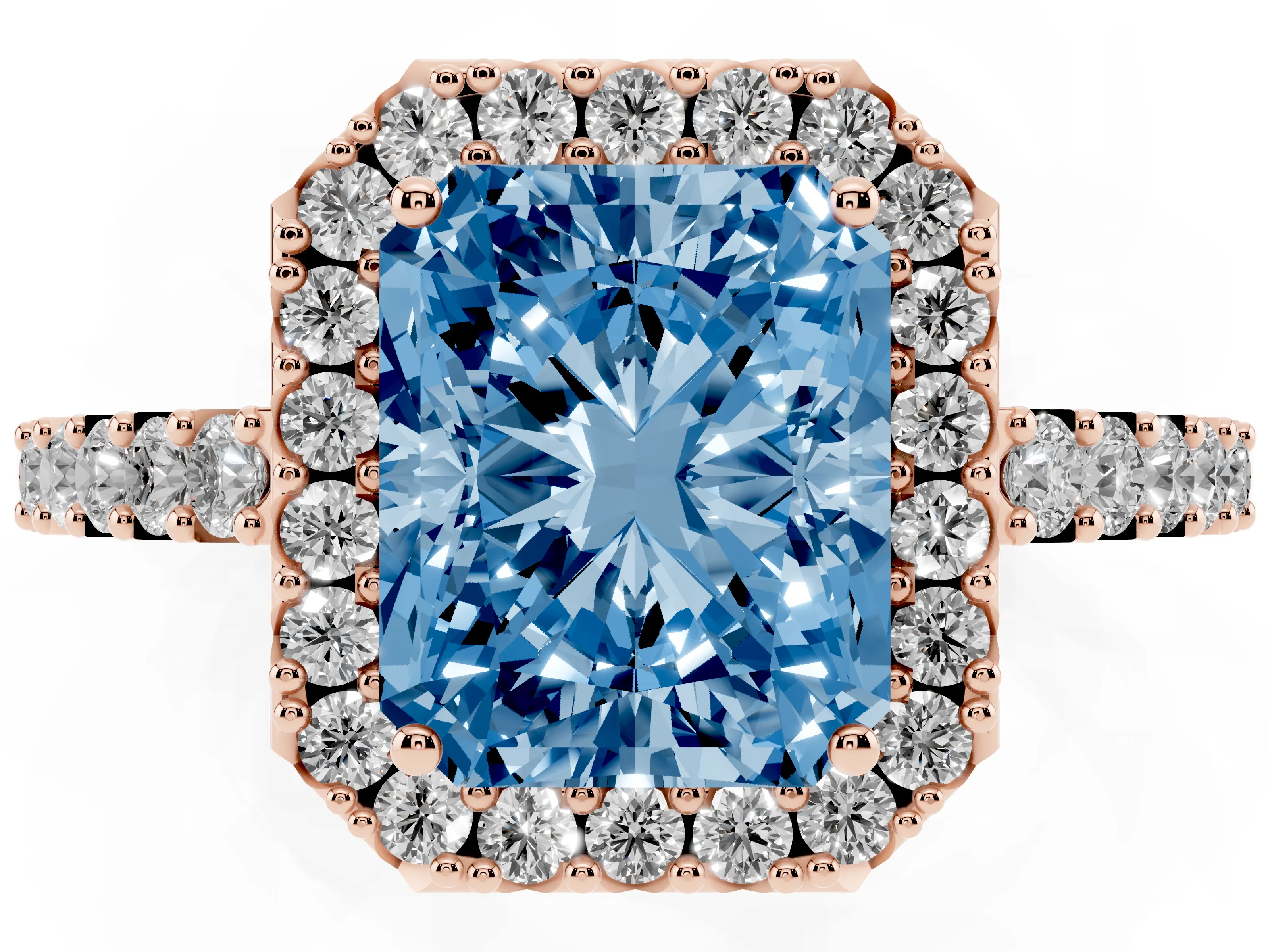 Fancy Blue Radiant Cut Diamond Halo Pavé Solitaire Ring Set in Rose gold with Prong-Set Center Stone