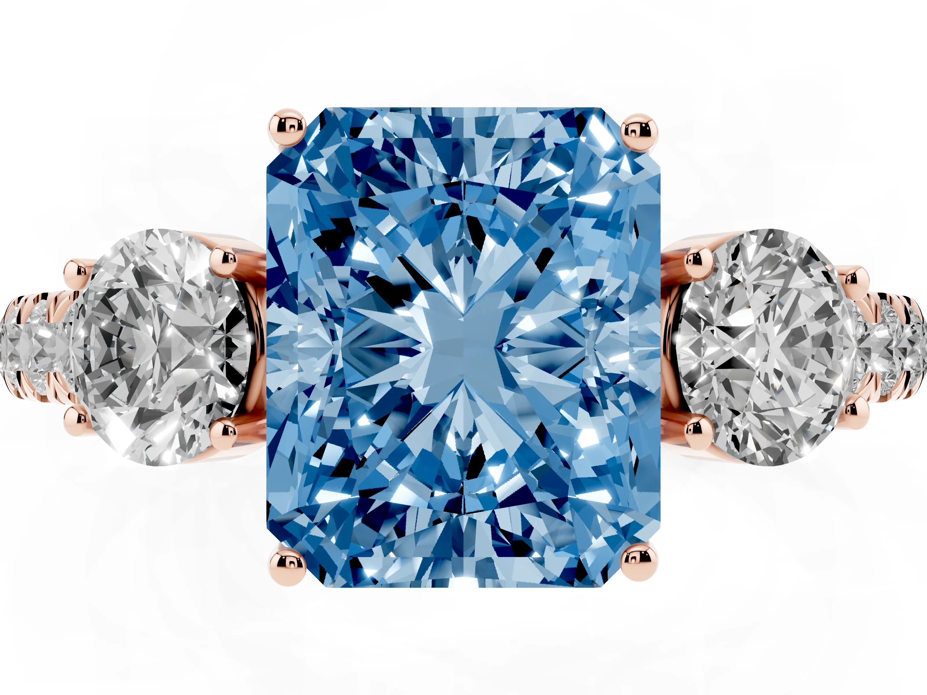 Fancy Blue Radiant Cut Diamond Three-Stone Ring Set in Rose gold with Round Side Stones and Delicate Pavé Band
