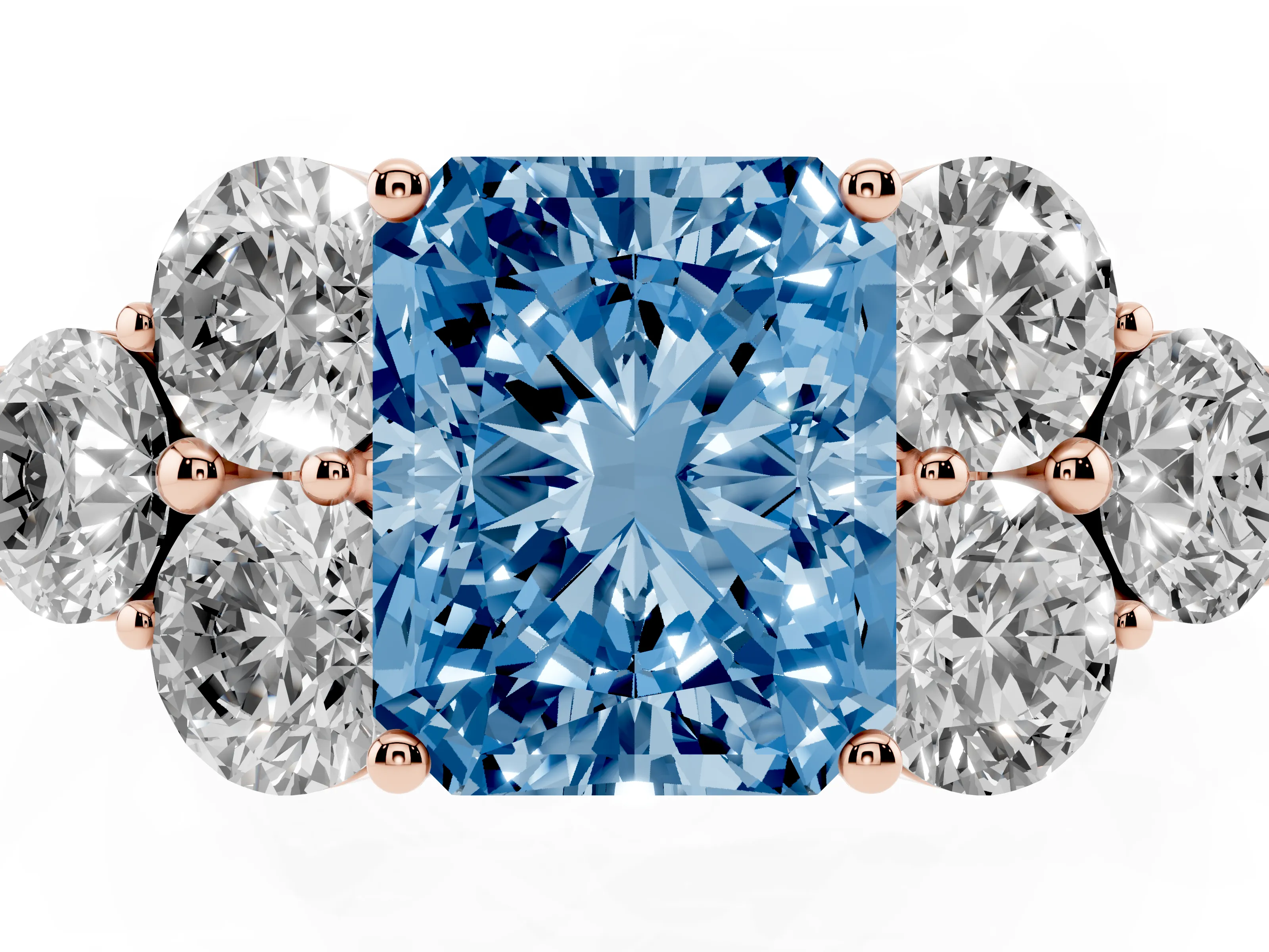 Fancy Blue Radiant Cut Diamond Cluster Ring Set in Rose gold with Round Accent Stones and Prong Setting on a Plain Band