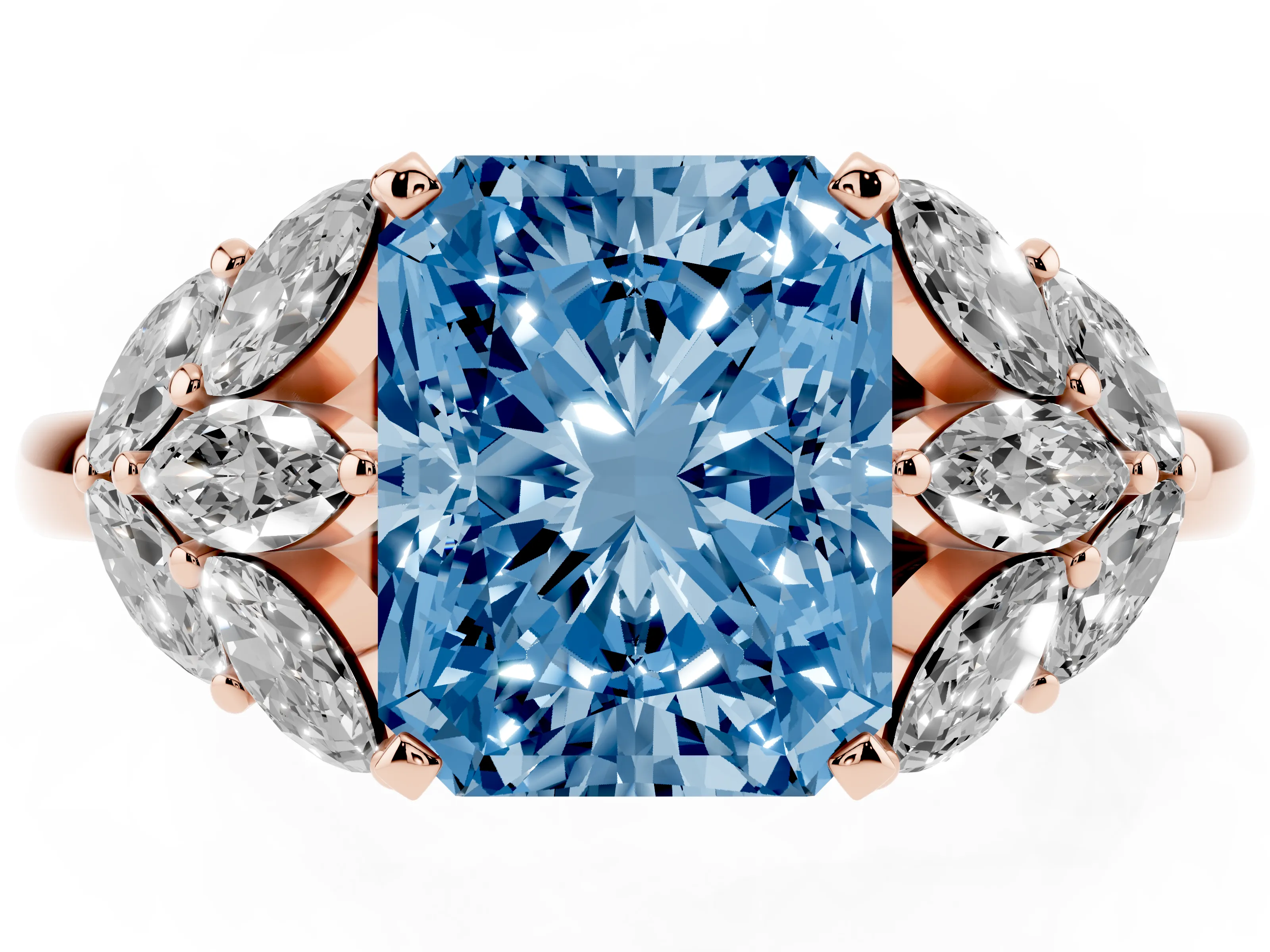 Fancy Blue Radiant Cut Diamond Cluster Leaf Design Ring Set in Rose gold with Prong Setting