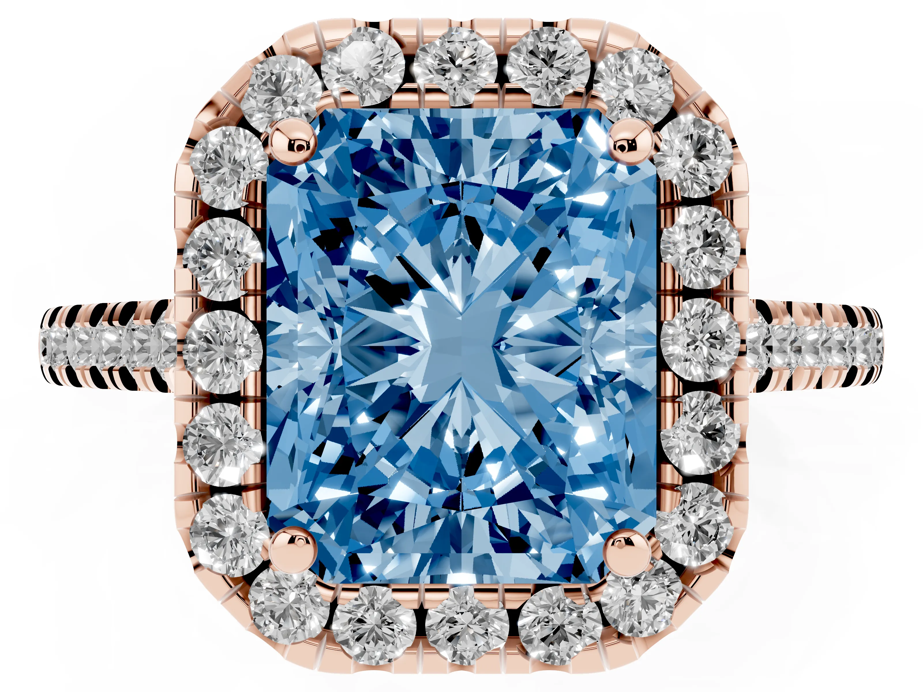 Fancy Blue Radiant Cut Diamond Cushion Halo Ring Set in Rose gold with Pavé Band