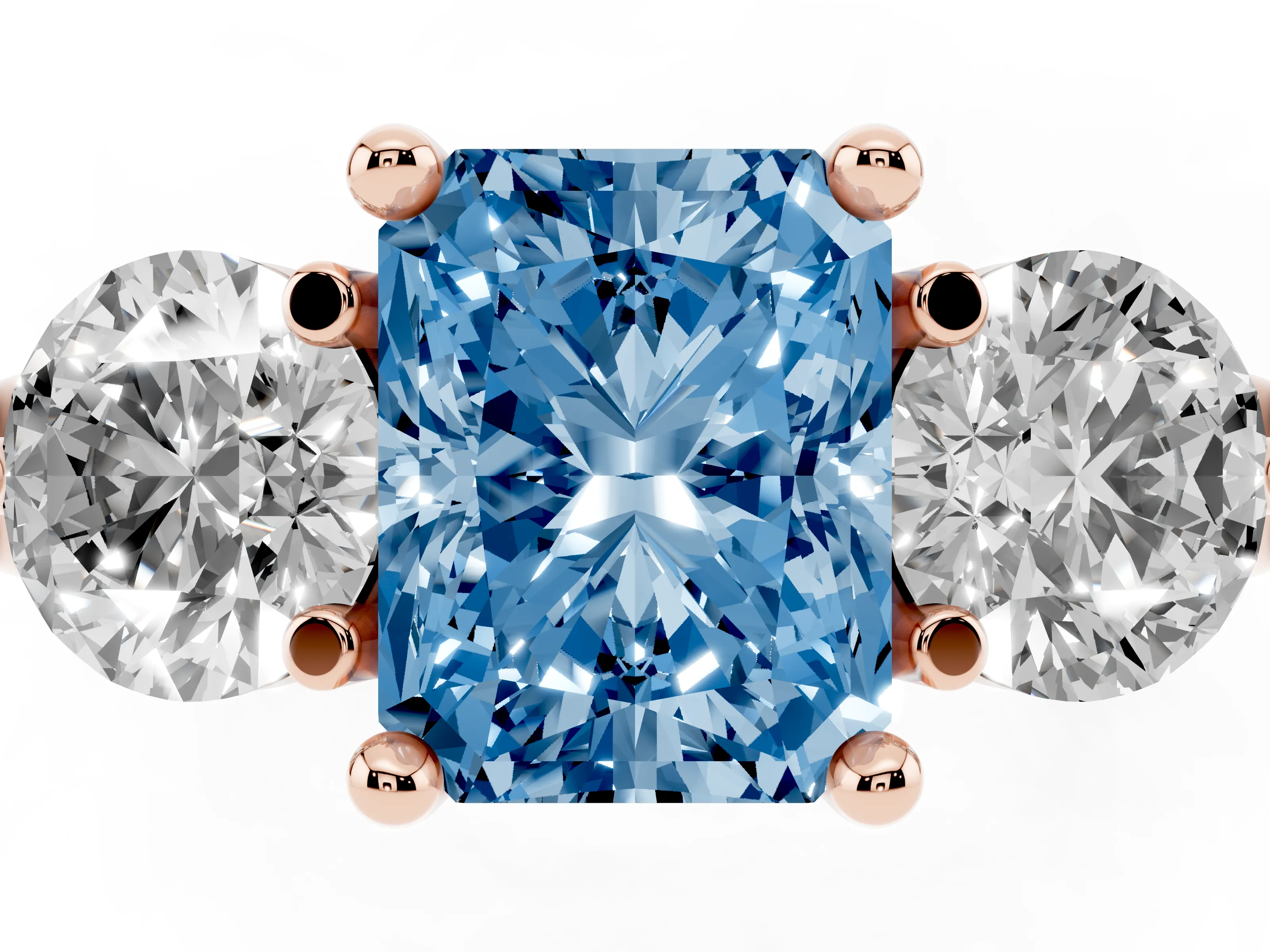 Fancy Blue Radiant Cut Diamond Three-Stone Ring Set in Rose gold with Prong Setting and Classic Band