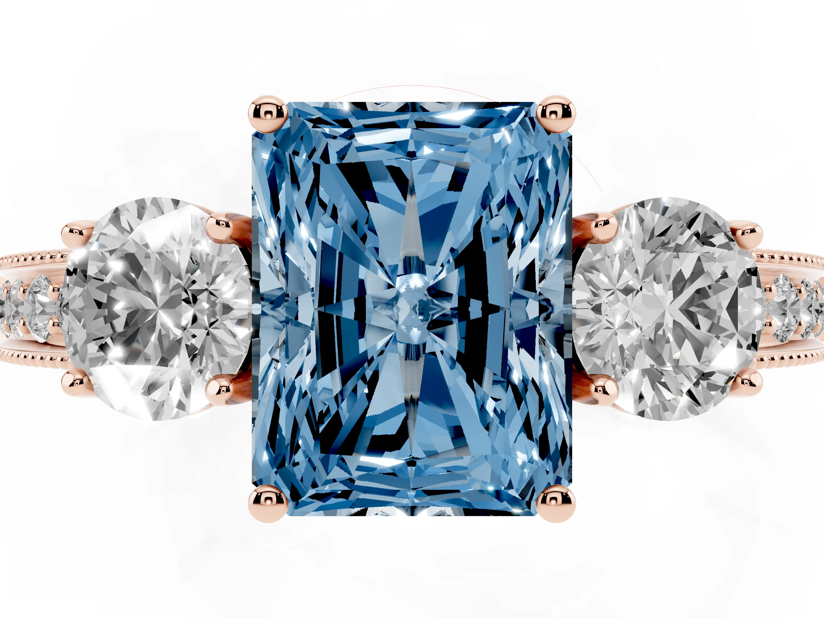 Fancy Blue Radiant Cut Diamond Three-Stone Ring Set in Rose gold with Round Side Stones and Pavé Band