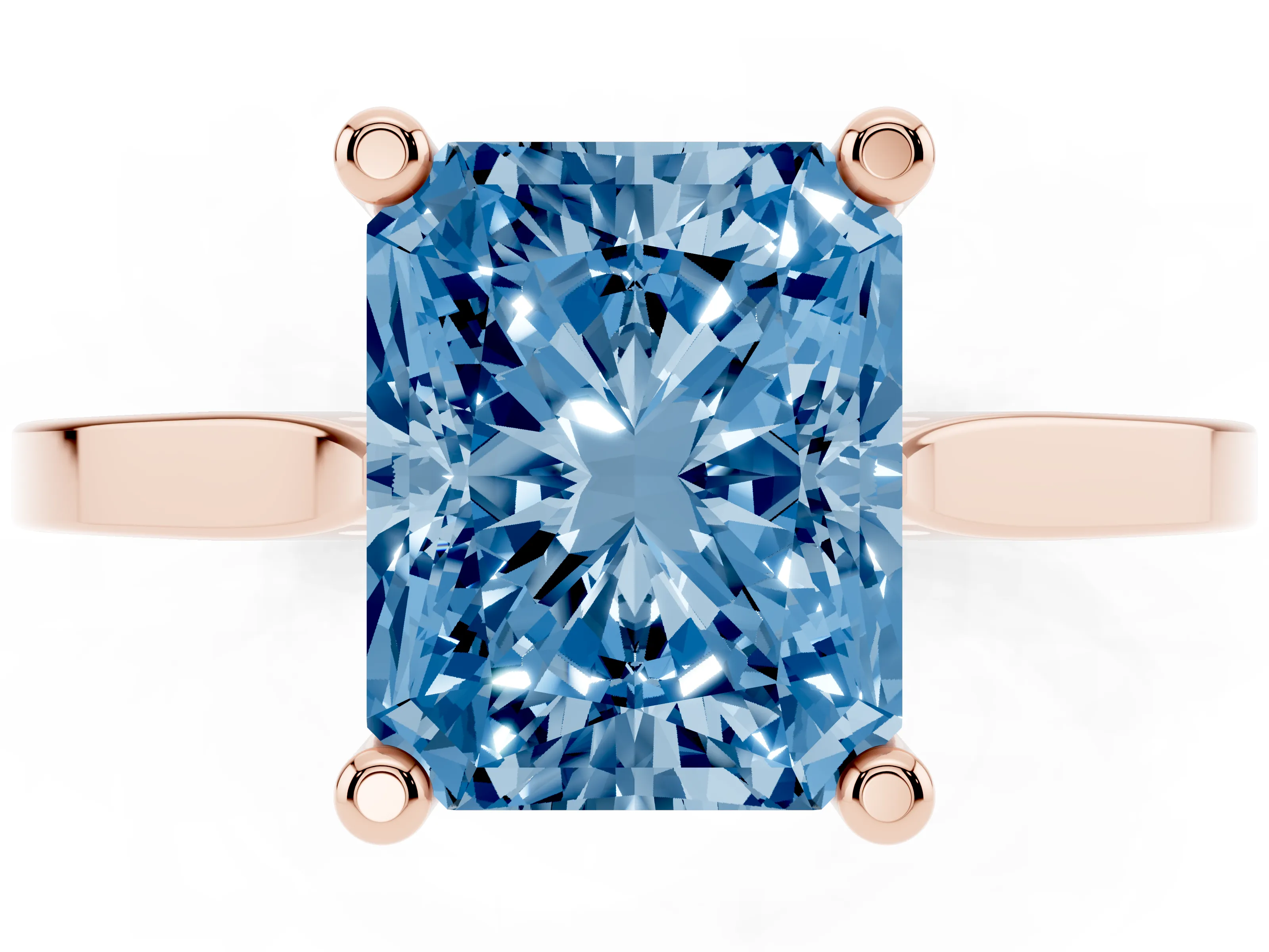 Fancy Blue Radiant Cut Diamond Solitaire Ring Set in Rose gold with Prong Setting and Tapered Band