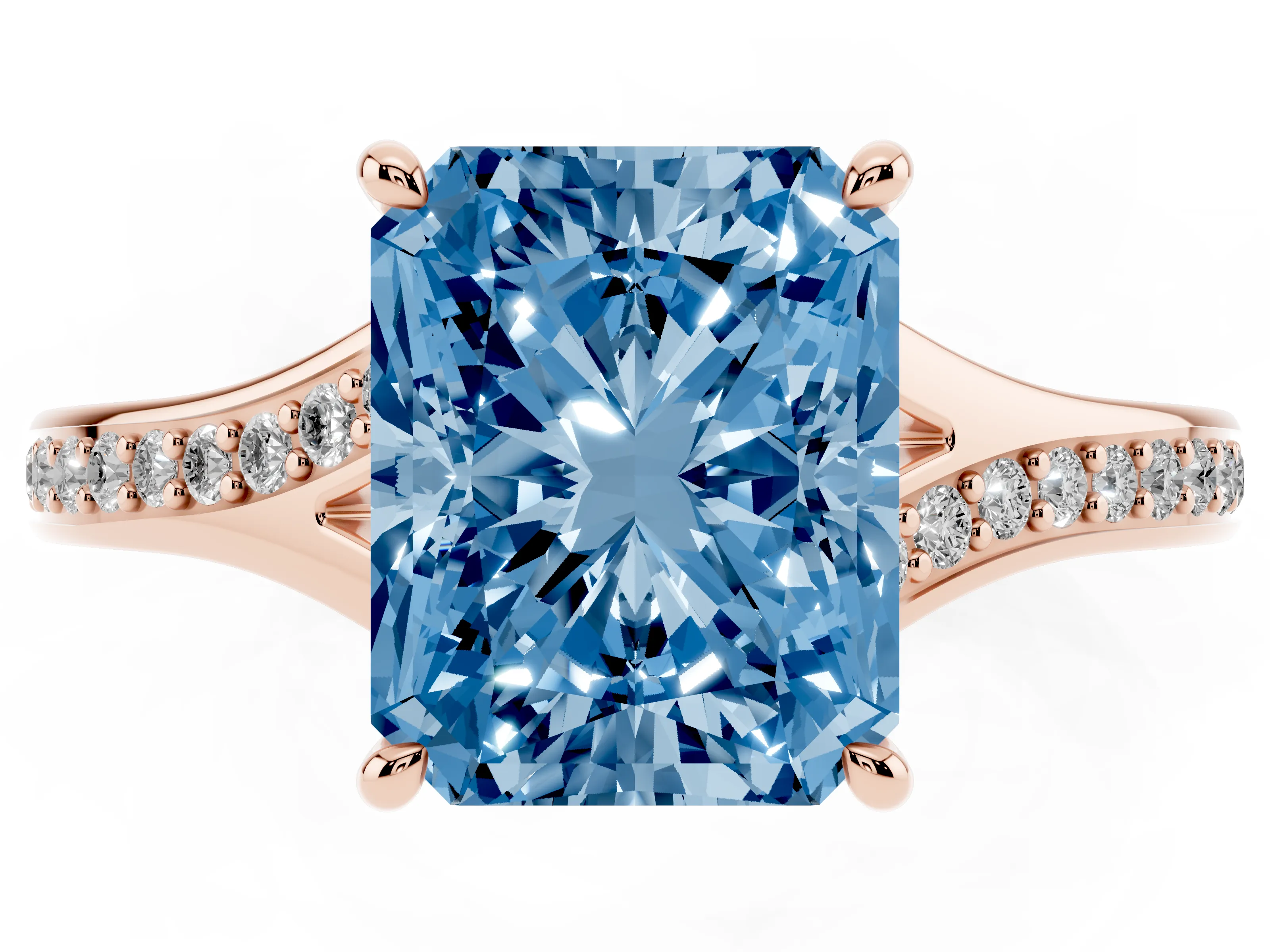 Fancy Blue Radiant Cut Diamond Solitaire Ring Set in Rose gold with Pavé Accent Band and Classic Prong Setting