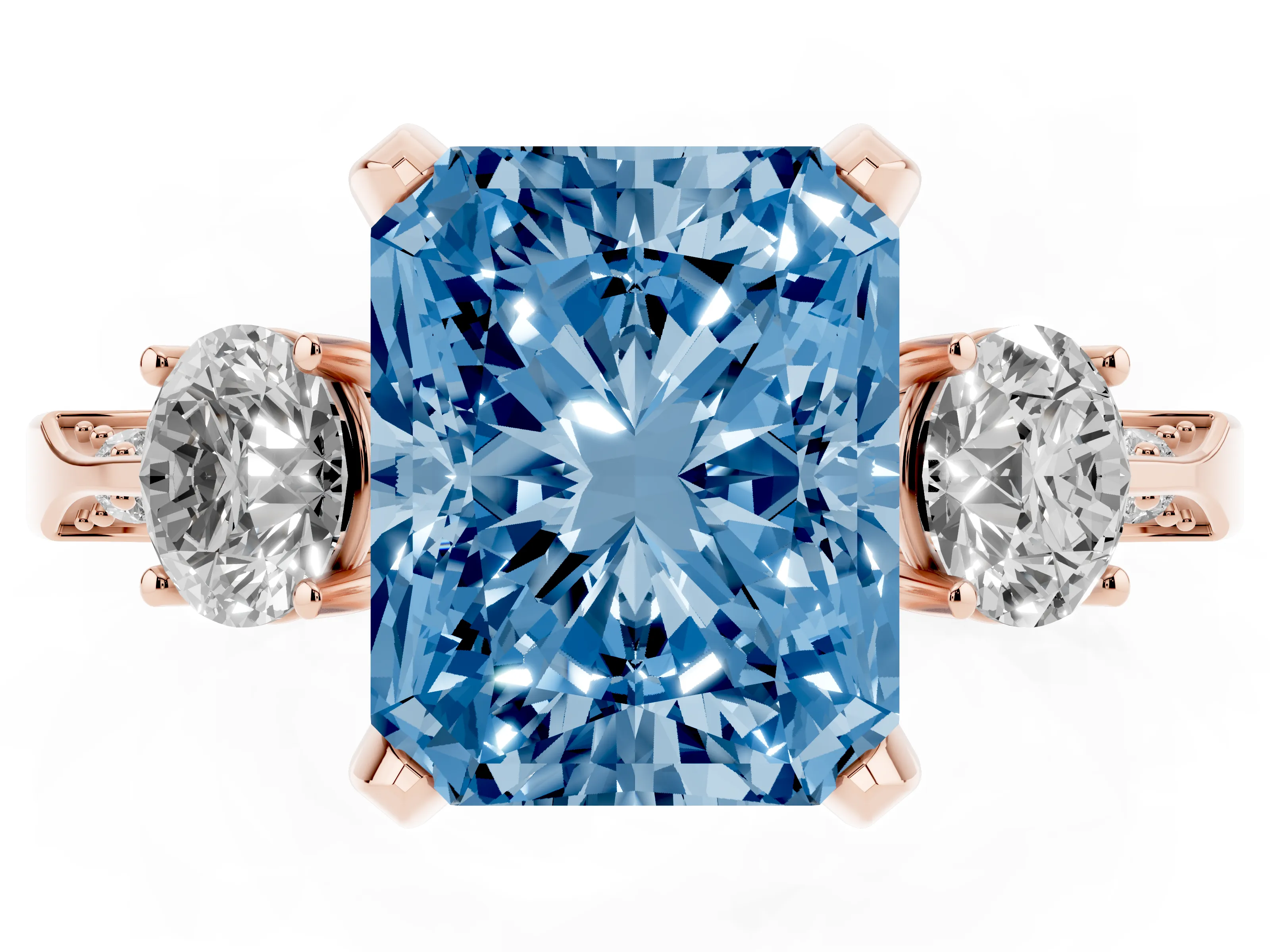 Fancy Blue Radiant Cut Diamond Three-Stone Ring Set in Rose gold with Pavé Band and Smaller Side Stones