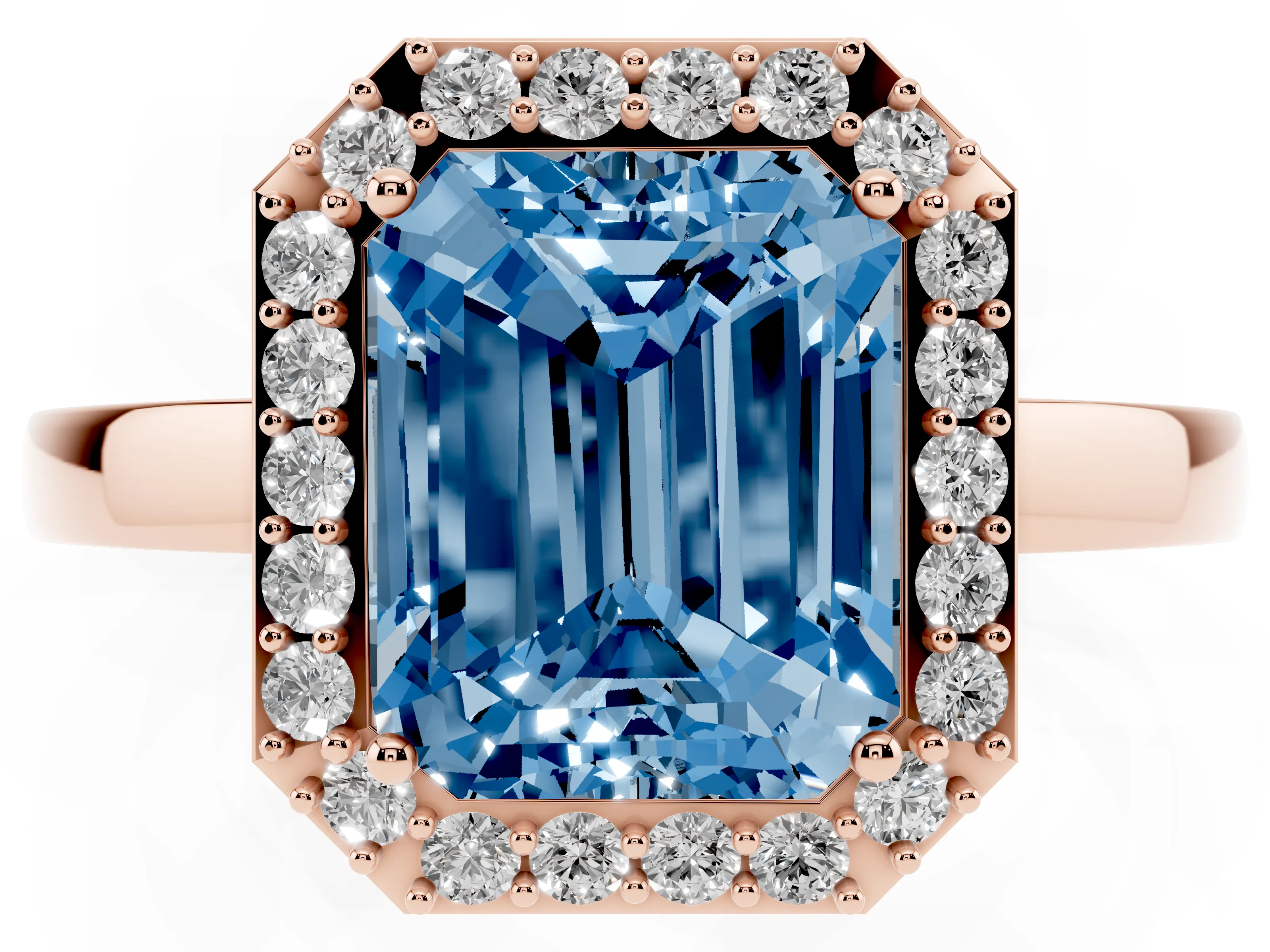 Fancy Blue Radiant Cut Diamond Halo Ring Set in Rose gold with Solitaire Band and Prong Setting