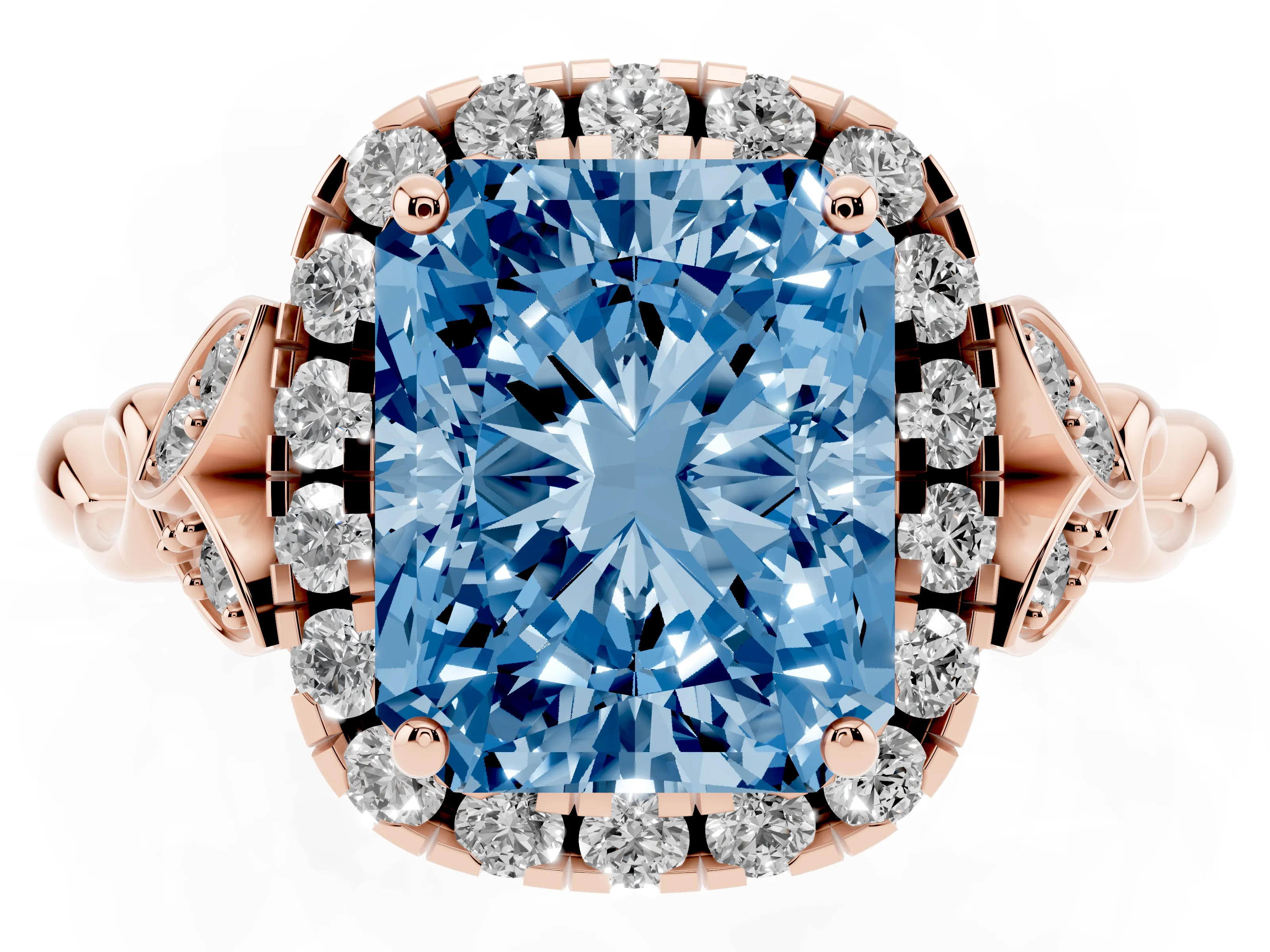 Fancy Blue Radiant Cut Diamond Halo Engagement Ring Set in Rose gold with Vintage-Inspired Band and Prong Setting