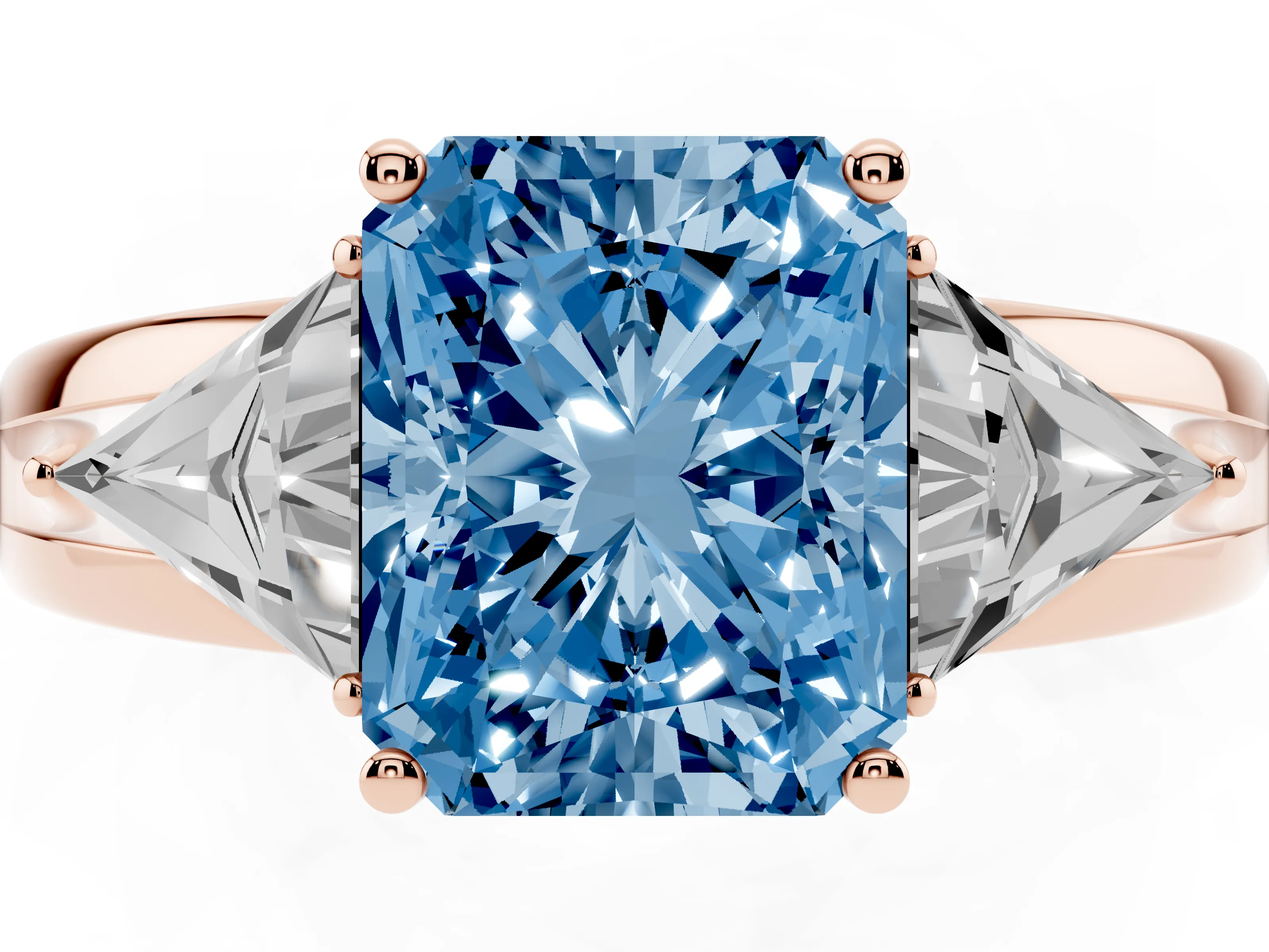 Fancy Blue Radiant Cut Diamond Three-Stone Ring Set in Rose gold with Trillion Side Stones and Split Shank