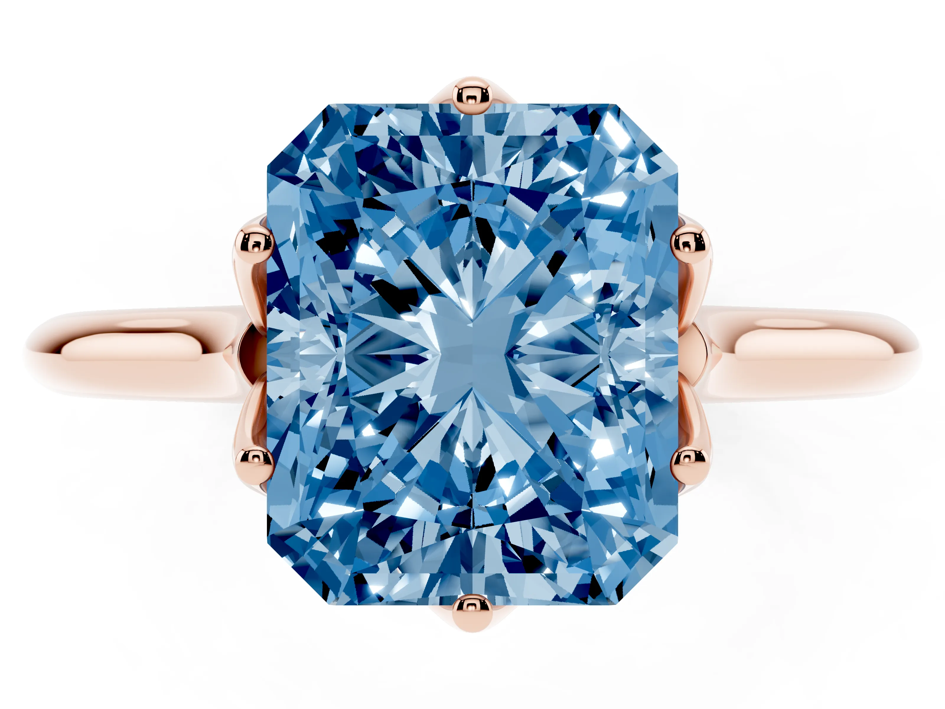 Fancy Blue Radiant Cut Diamond Solitaire Cathedral Ring Set in Rose gold with Prong Setting