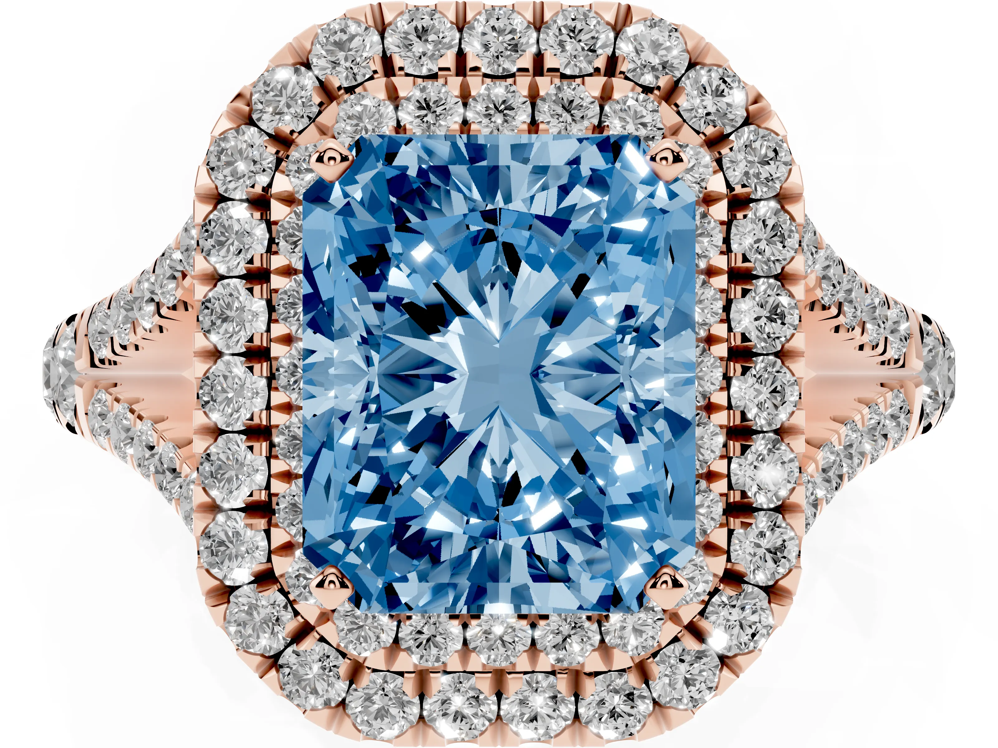 Fancy Blue Radiant Cut Diamond Pavé Split Shank Double Halo Engagement Ring Set in Rose gold