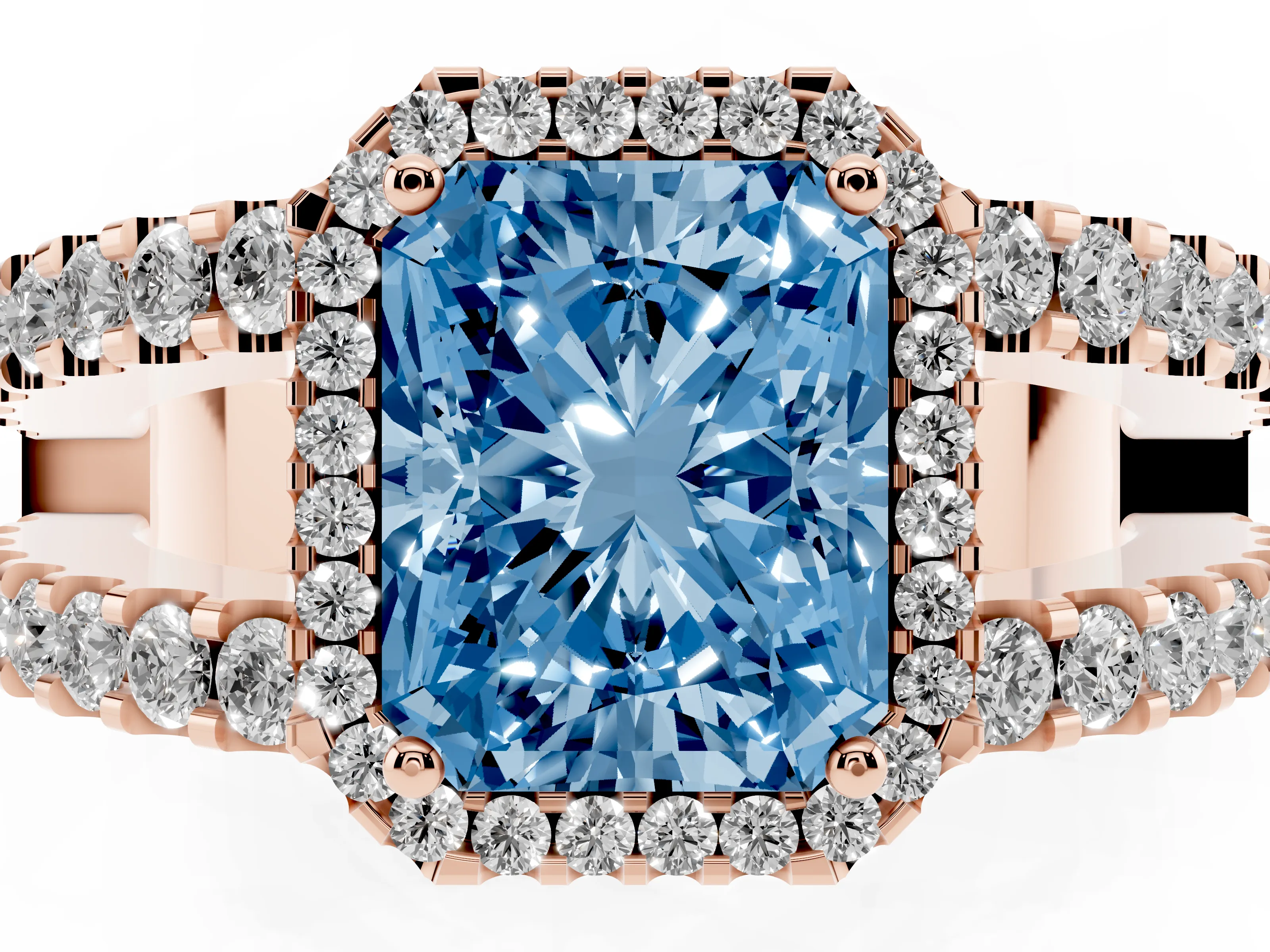 Fancy Blue Radiant Cut Diamond Halo Ring Set in Rose gold with Pavé Split Shank and Prong Setting
