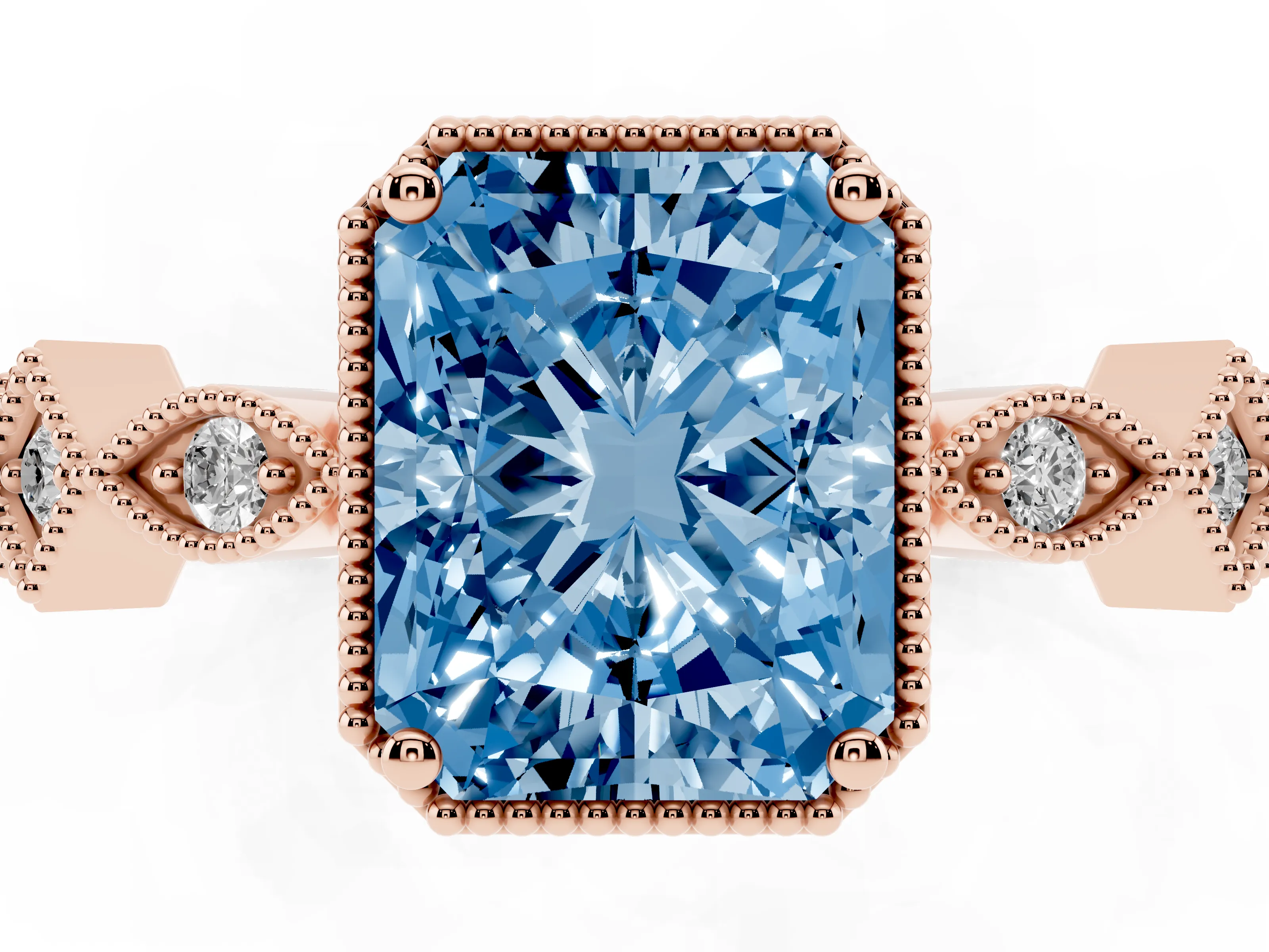 Fancy Blue Radiant Cut Diamond Milgrain Marquise Twist Band Ring Set in Rose gold with Prong Setting