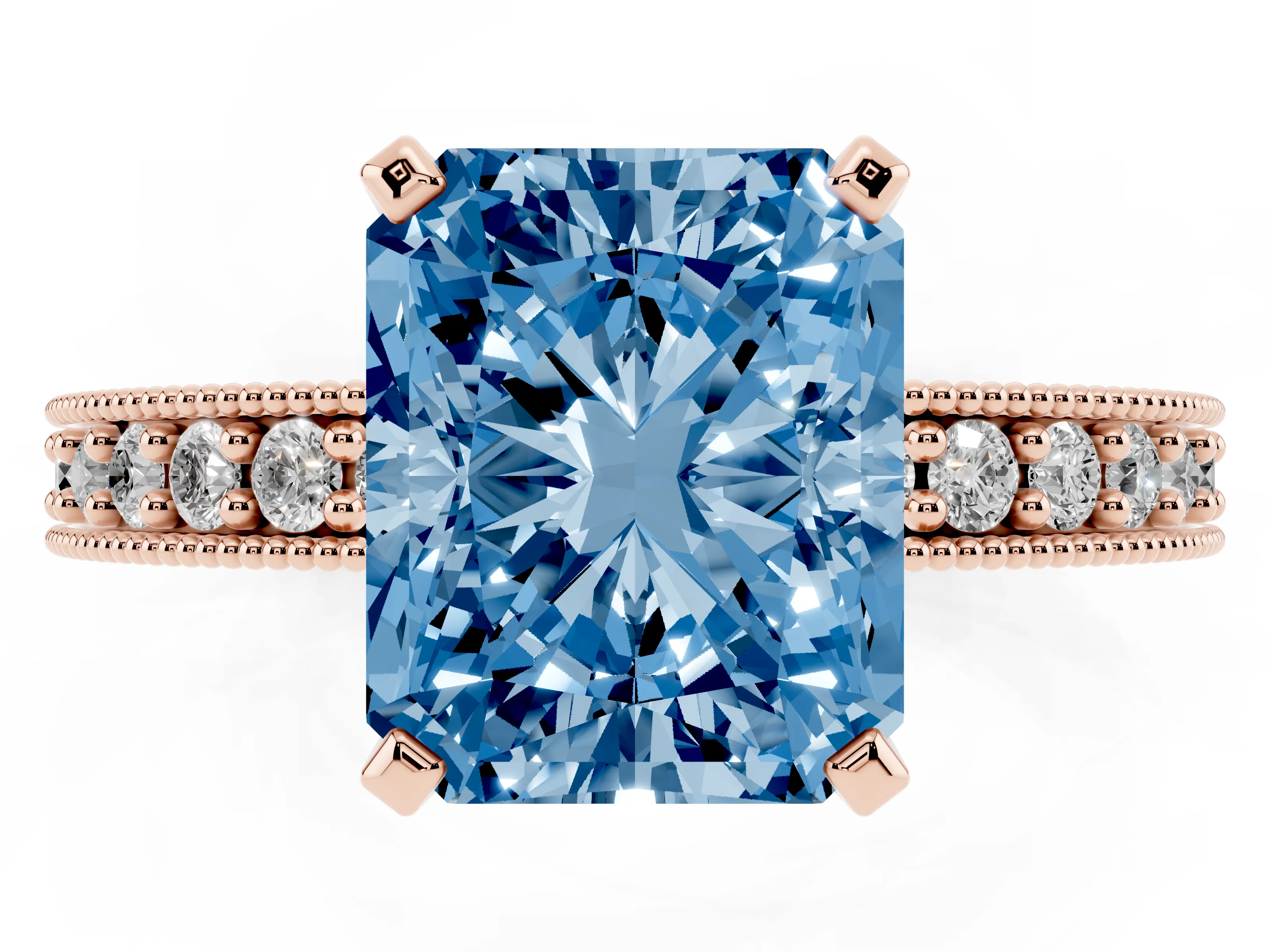 Fancy Blue Radiant Cut Diamond Milgrain Pavé Engagement Ring Set in Rose gold with Prong Setting