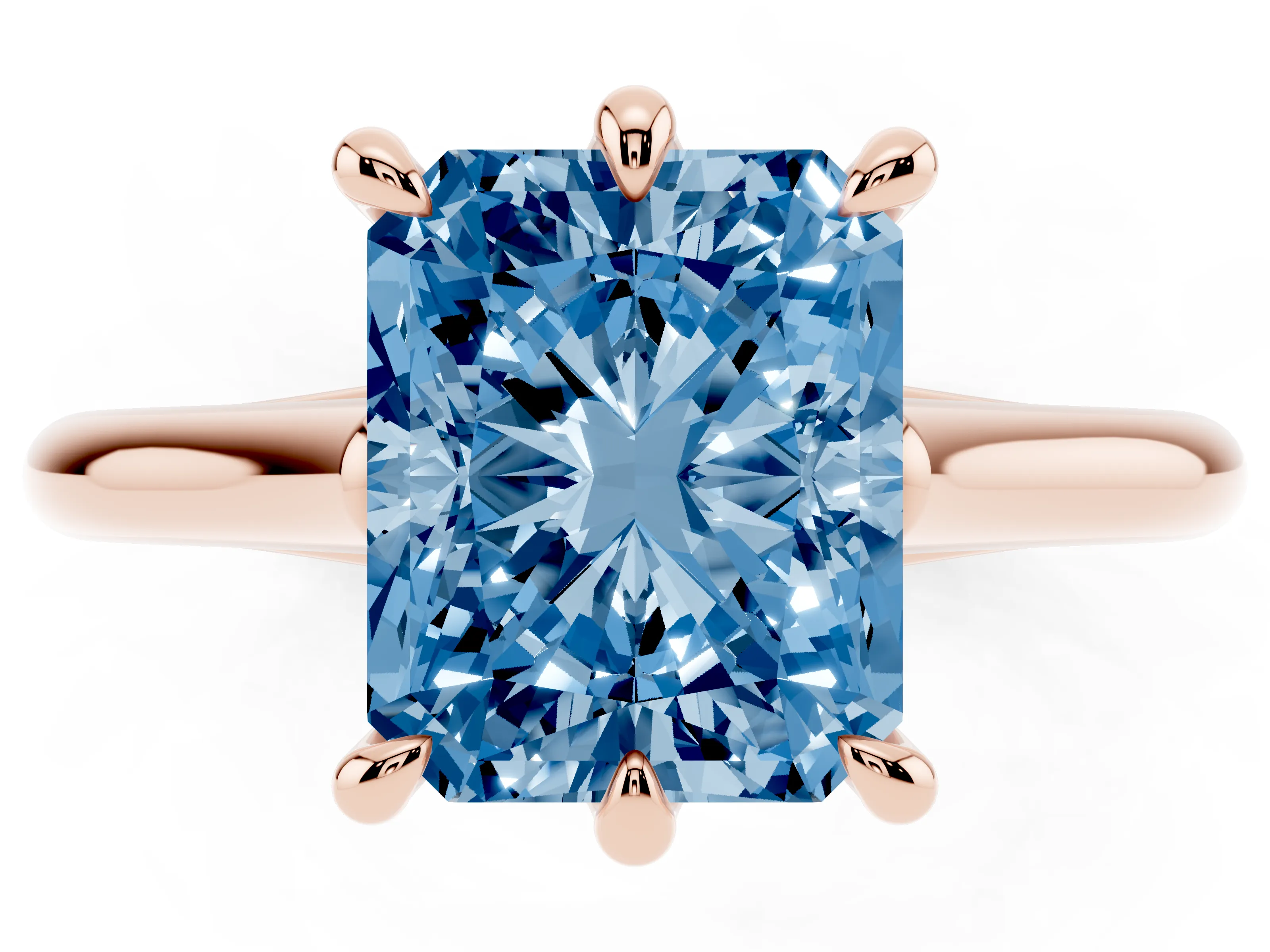 Fancy Blue Radiant Cut Diamond Solitaire Engagement Ring Set in Rose gold with Prong Setting and Plain Classic Band