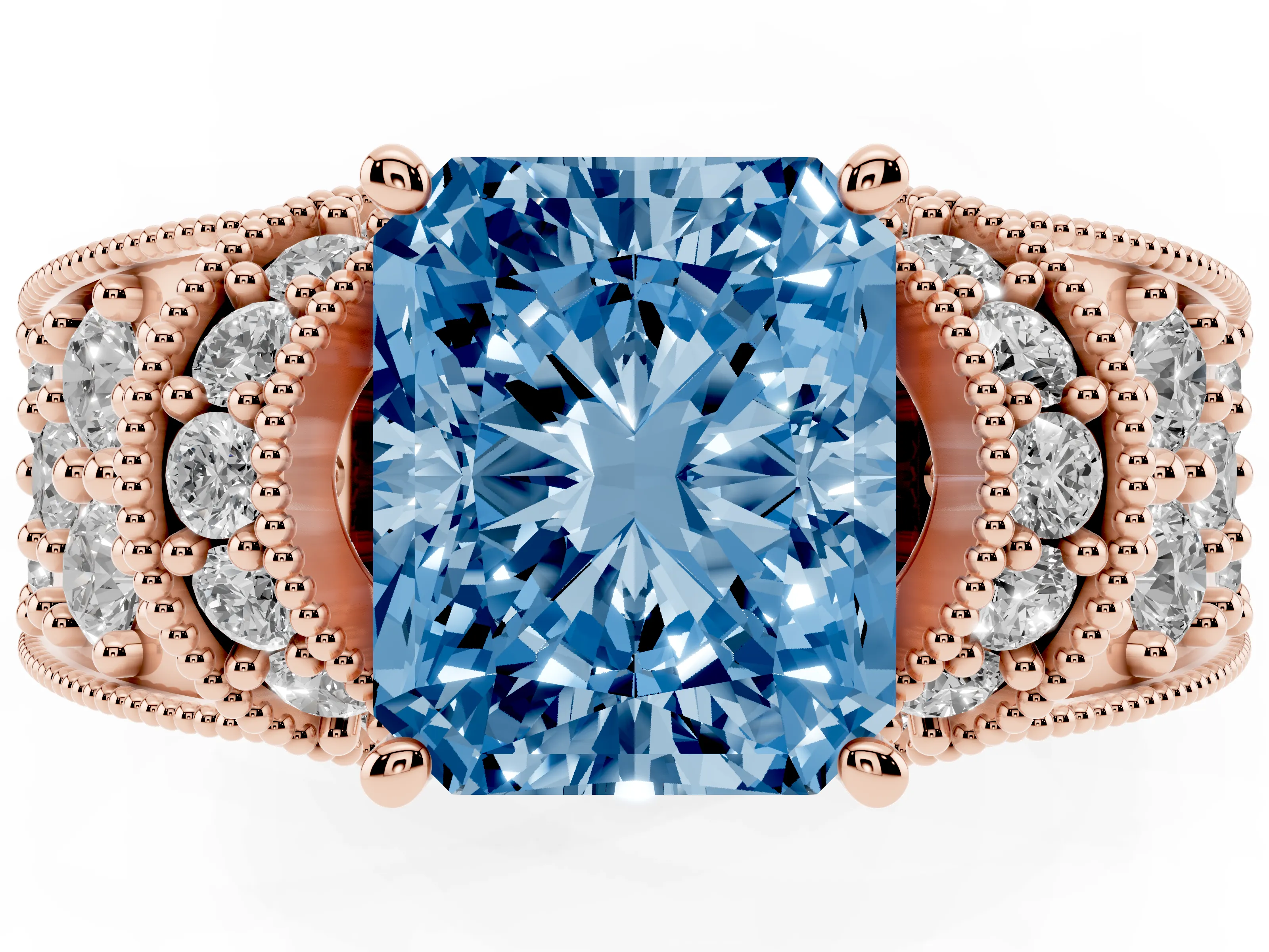 Fancy Blue Radiant Cut Diamond Milgrain Halo Pavé Engagement Ring Set in Rose gold with Prong Setting