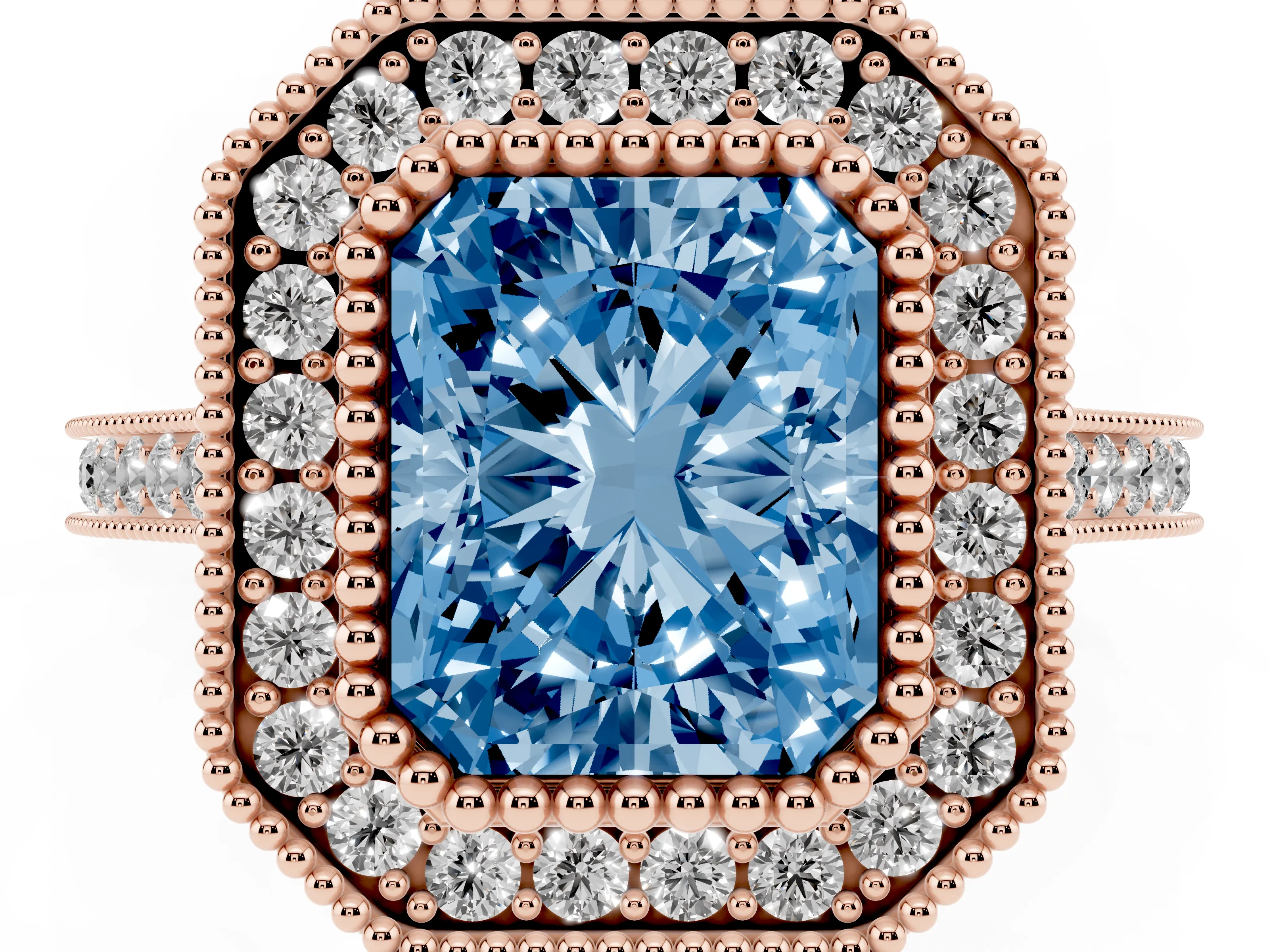 Fancy Blue Radiant Cut Diamond Halo Ring Set in Rose gold with Milgrain Frame and Pavé Band