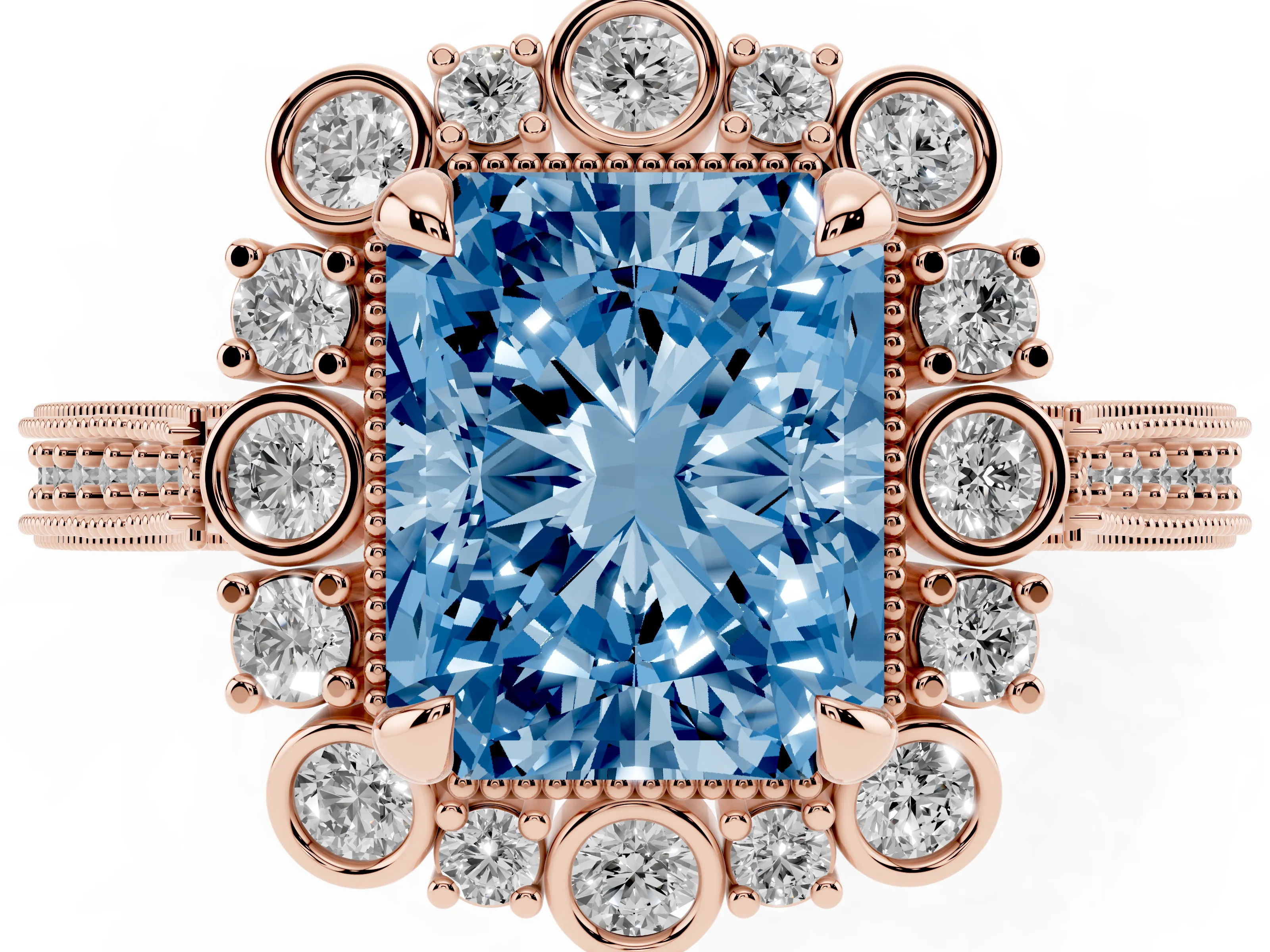 Fancy Blue Radiant Cut Diamond Halo Milgrain Pavé Ring Set in Rose gold with Prong Setting