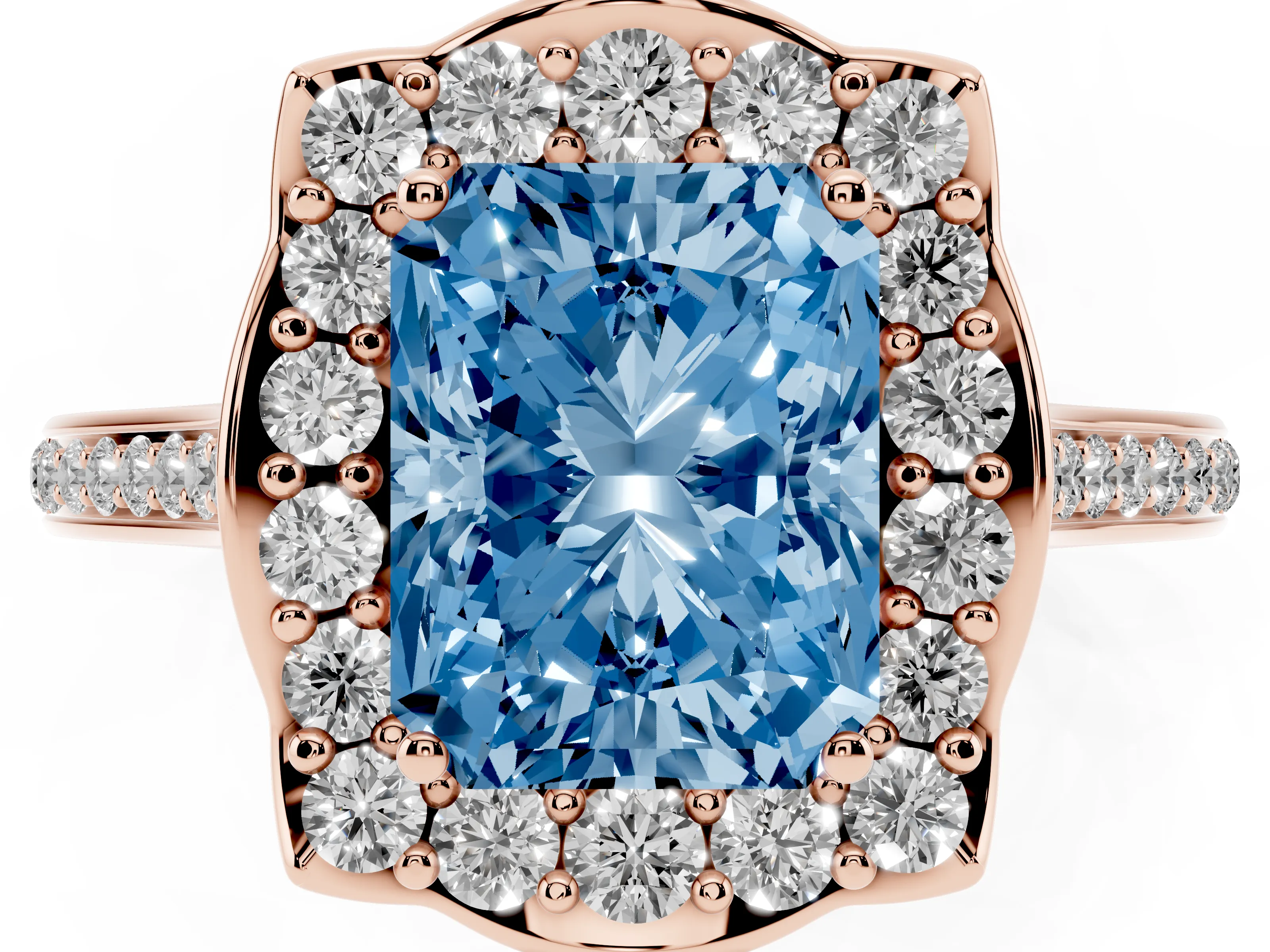 Fancy Blue Radiant Cut Diamond Halo Ring Set in Rose gold with Pavé-Lined Shoulders and Prong Setting