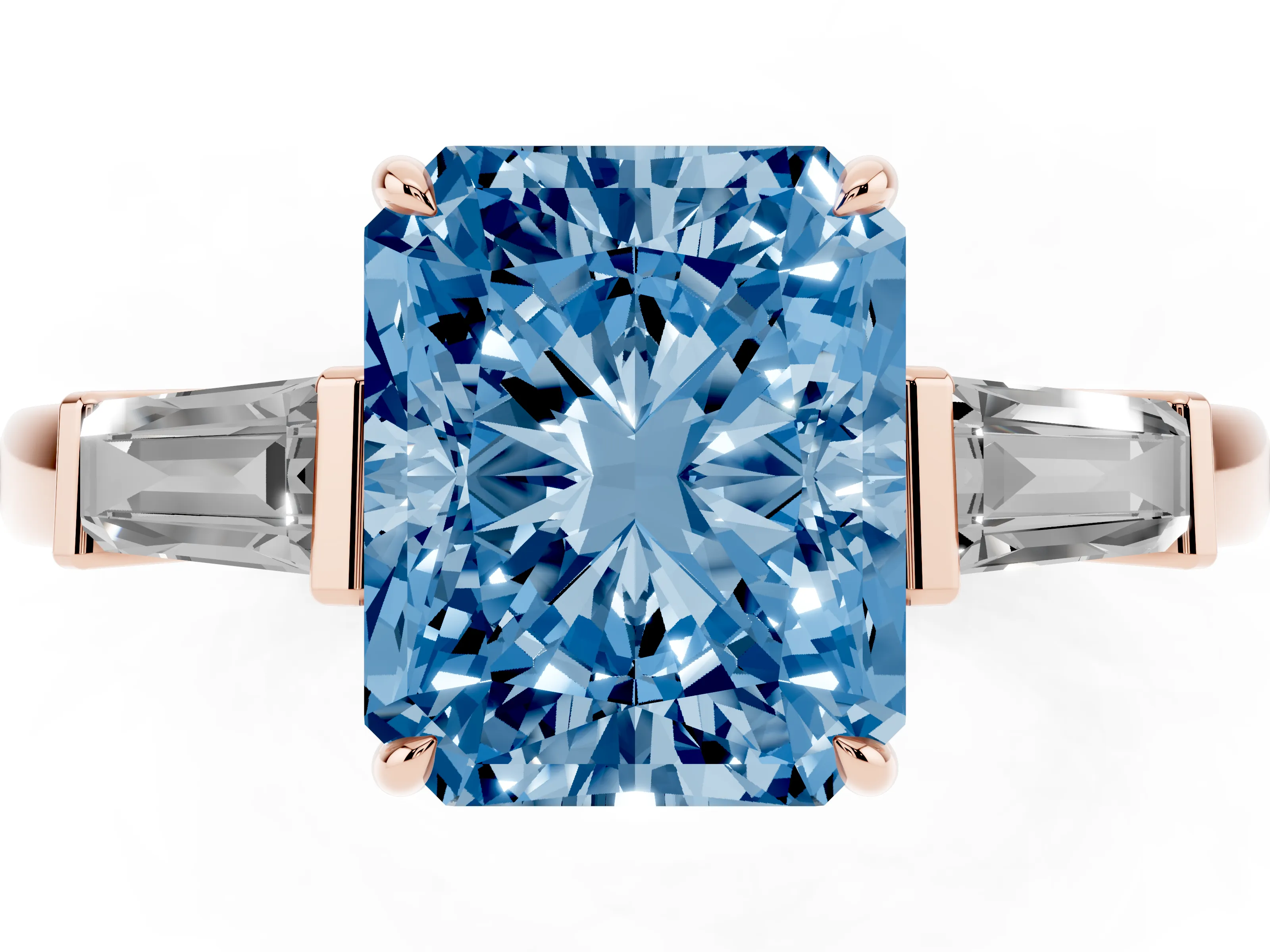 Fancy Blue Radiant Cut Diamond Three-Stone Ring Set in Rose gold with Tapered Baguette Side Stones and Prong Setting