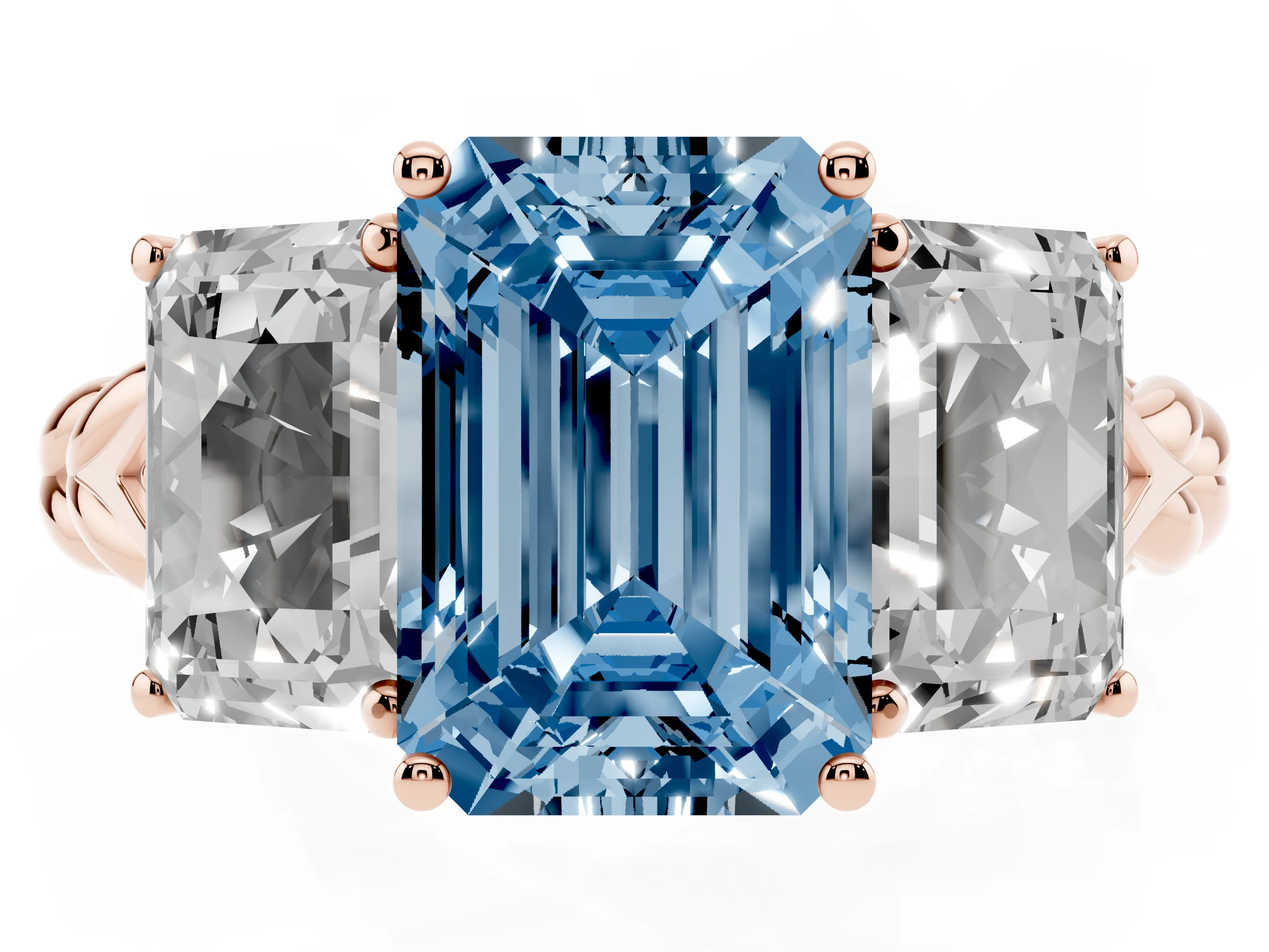 Fancy Blue Radiant Cut Diamond Three-Stone Ring Set in Rose gold with Braided Band