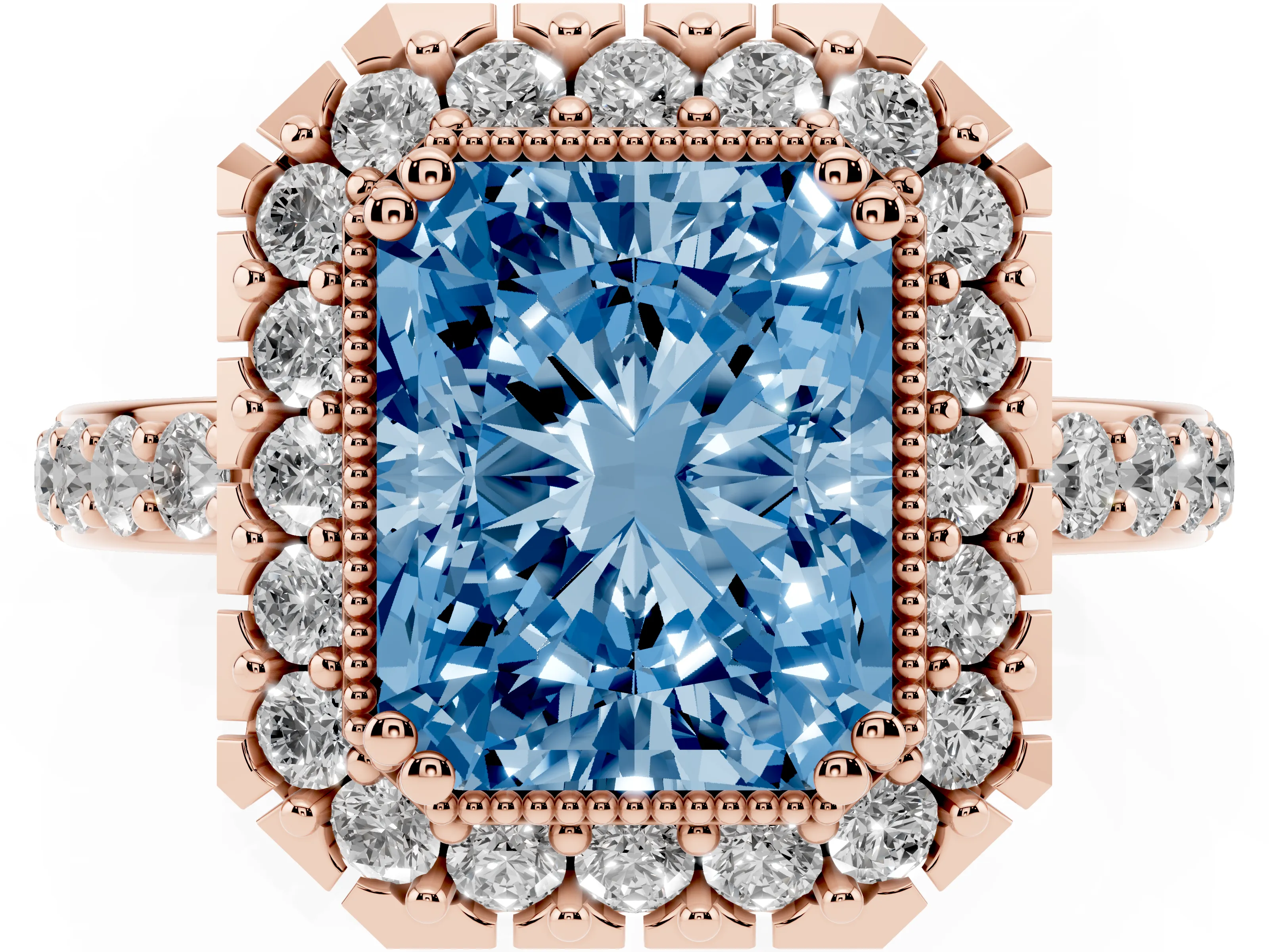 Fancy Blue Radiant Cut Diamond Halo Ring Set in Rose gold with Pavé Shank and Prong Setting