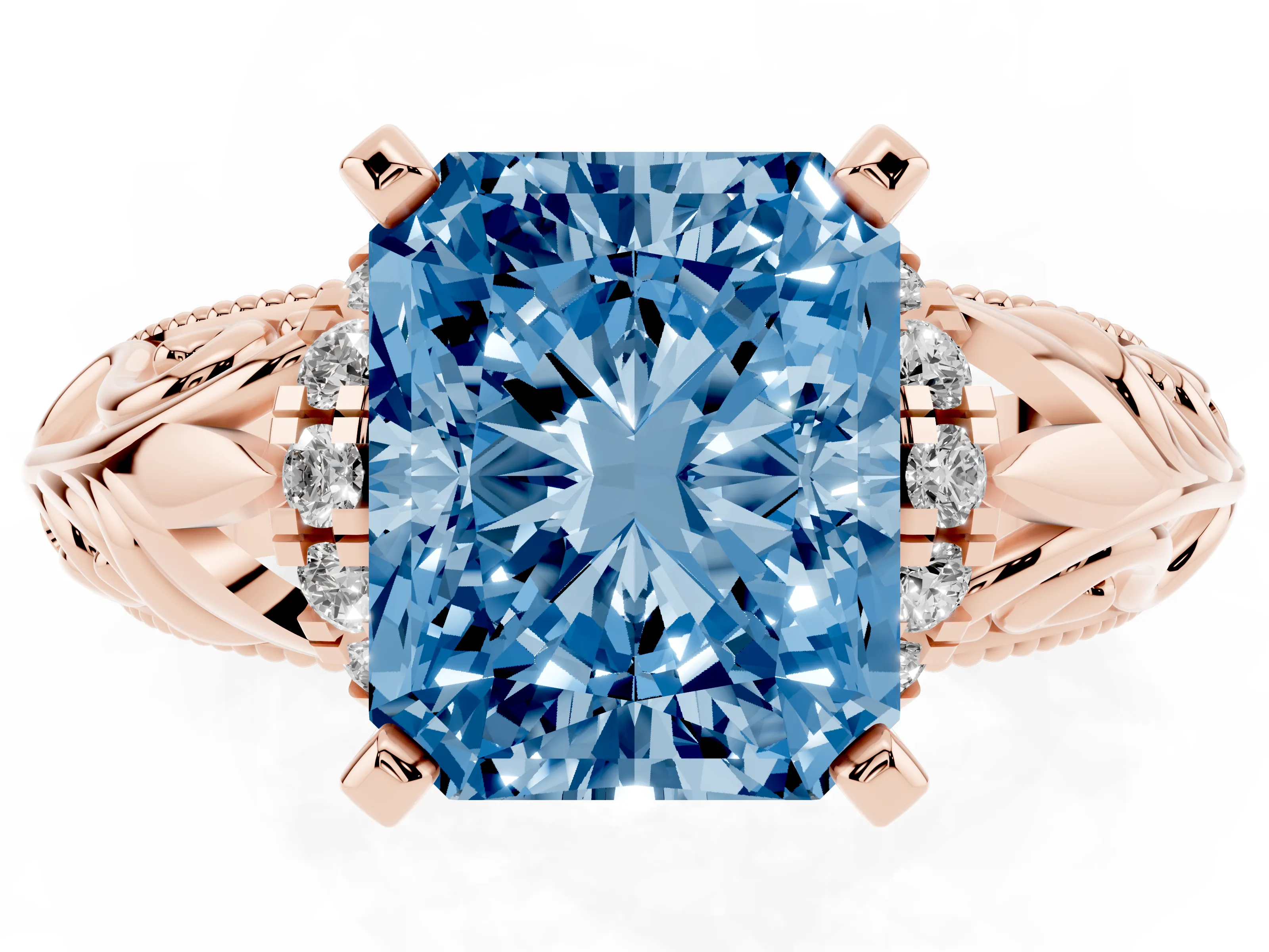 Fancy Blue Radiant Cut Diamond Filigree Halo Engagement Ring Set in Rose gold with Prong Setting